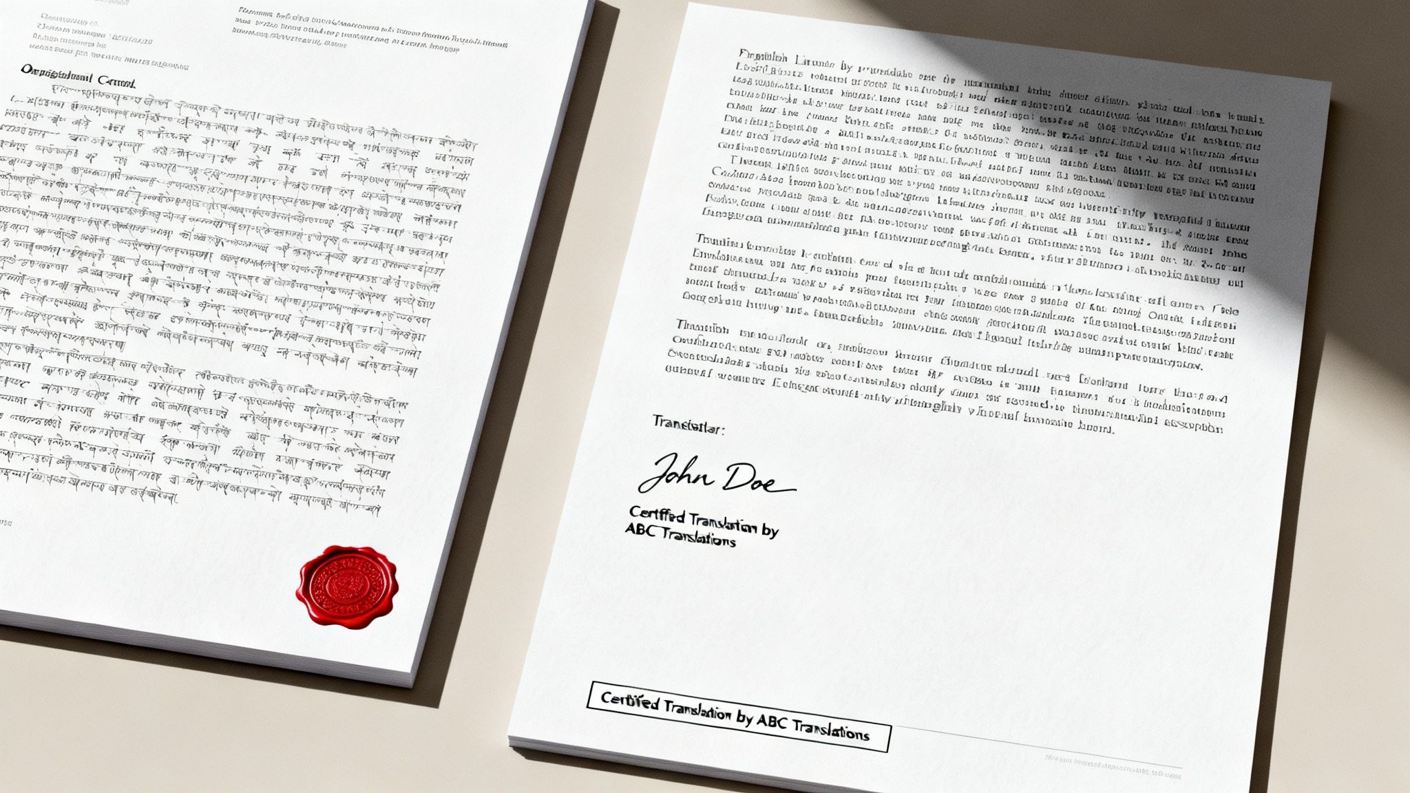Two documents on a table: an original text with a red seal and its certified English translation.