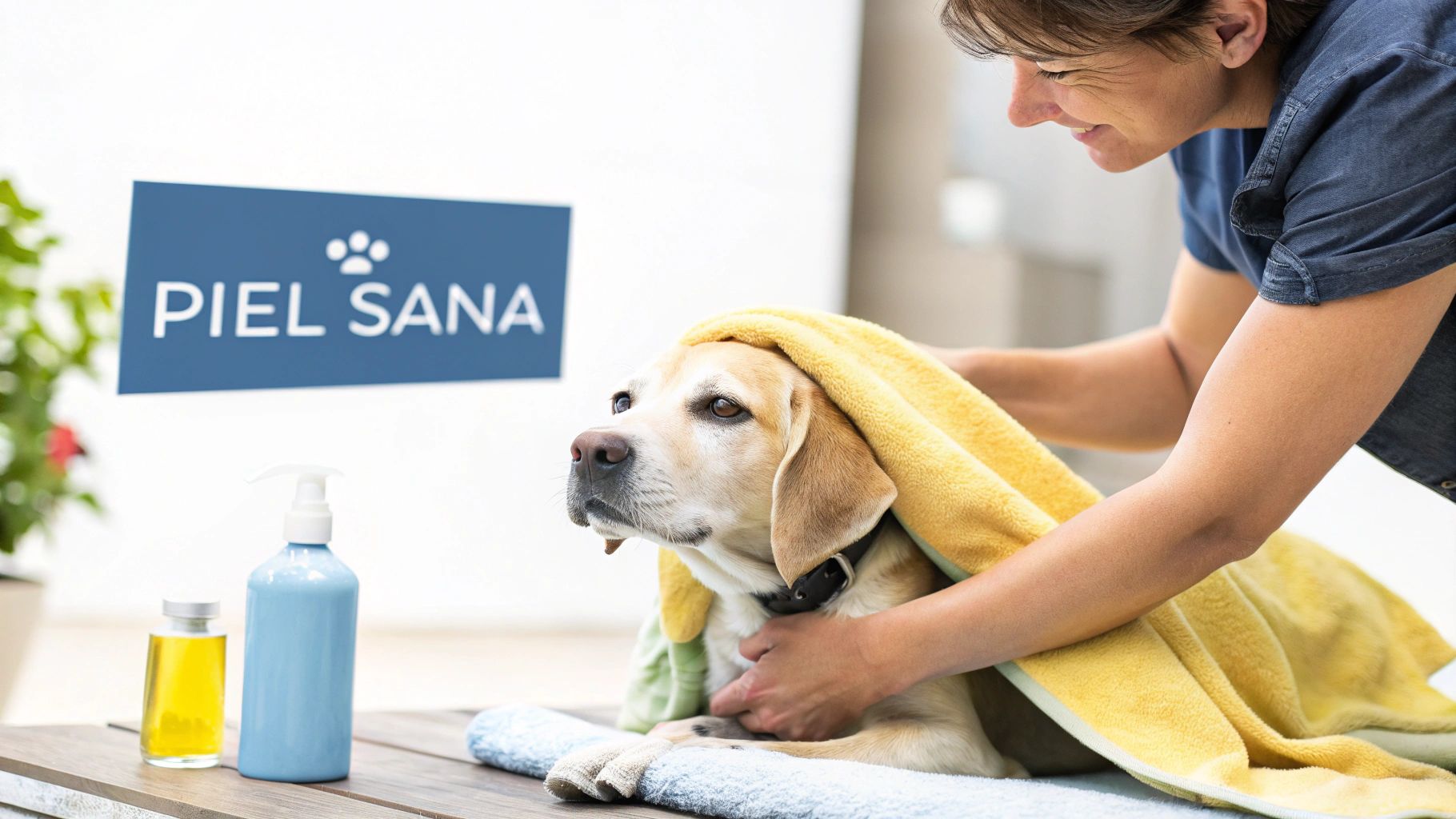 Mujer secando a un perro labrador con una toalla amarilla, con productos de Piel Sana cerca.