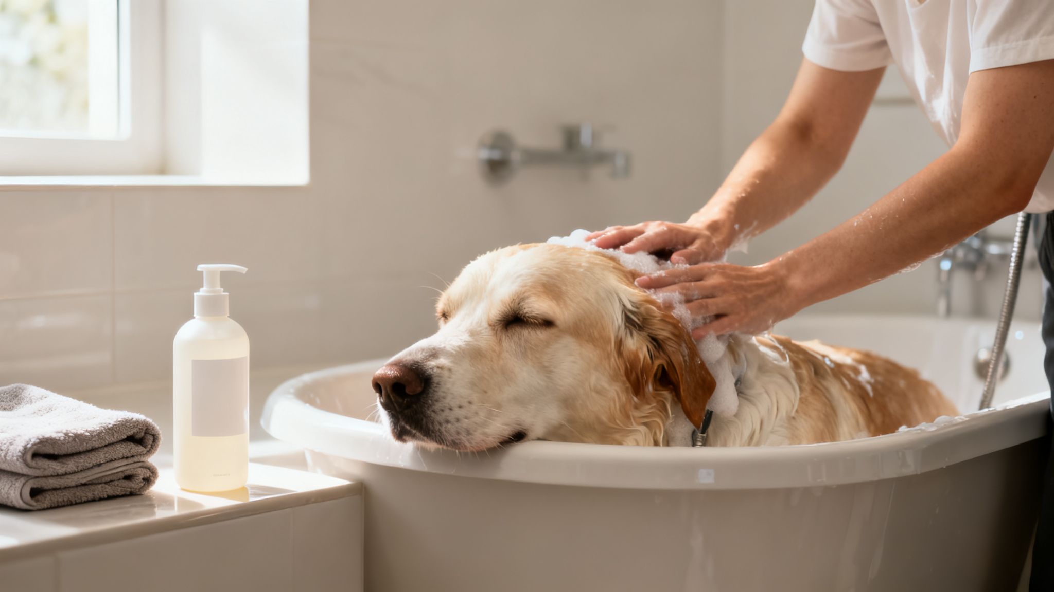 Una persona baña suavemente a un Golden Retriever con champú y espuma en una bañera de baño.
