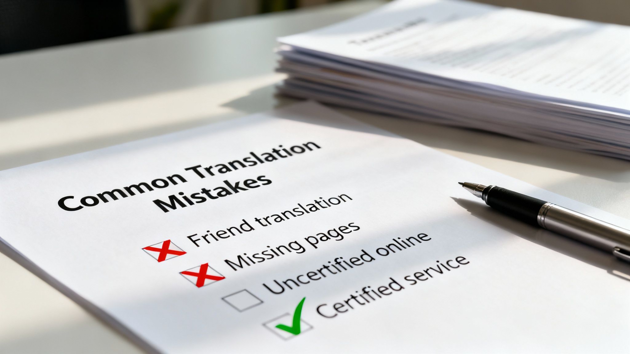A checklist of common translation mistakes, marking friend translation and missing pages as errors, and certified service as correct.