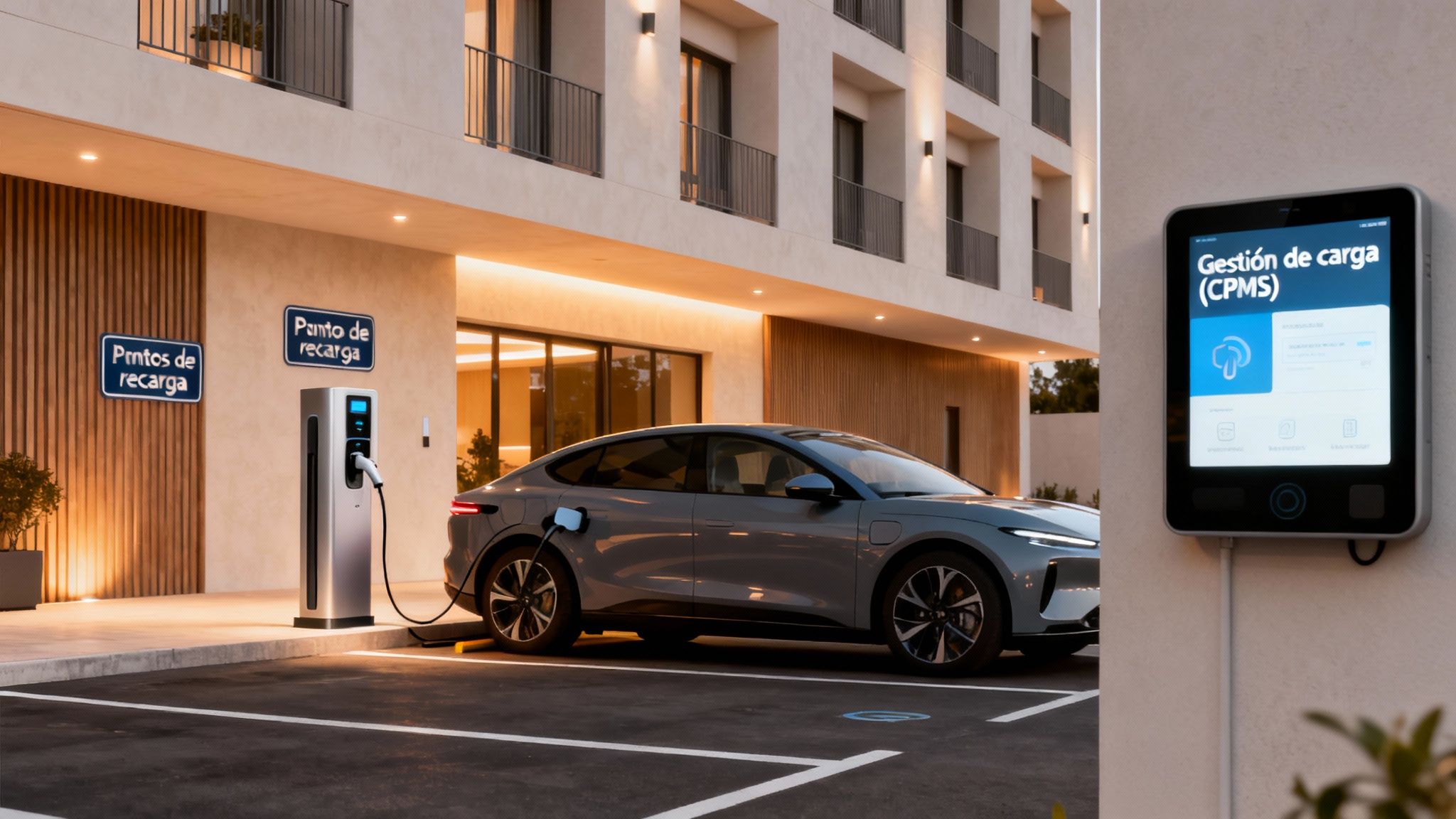 Coche eléctrico cargando en una estación de recarga moderna frente a un edificio con pantalla de gestión.