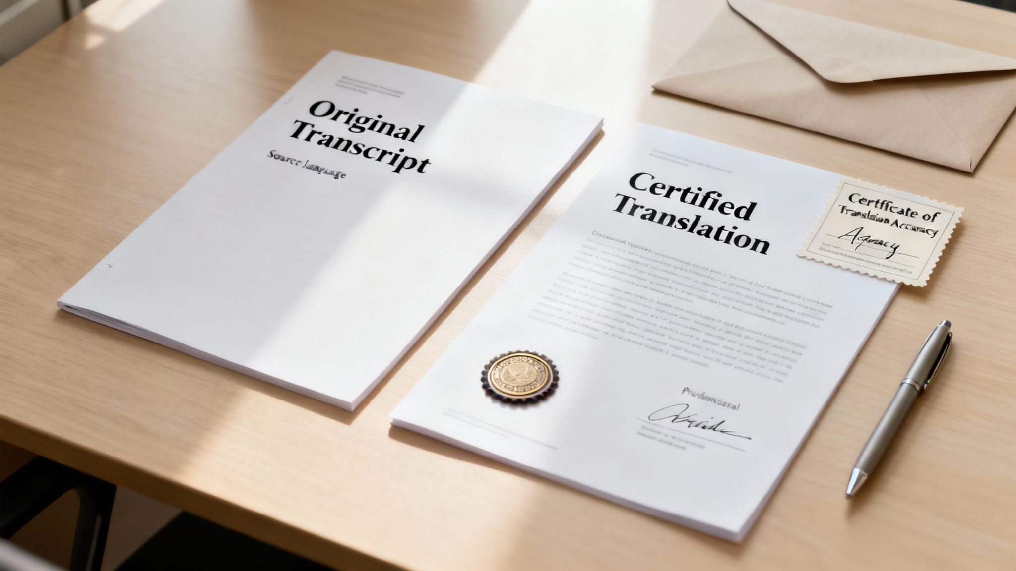 Certified translation documents, original transcript, and accuracy certificate on a wooden desk.