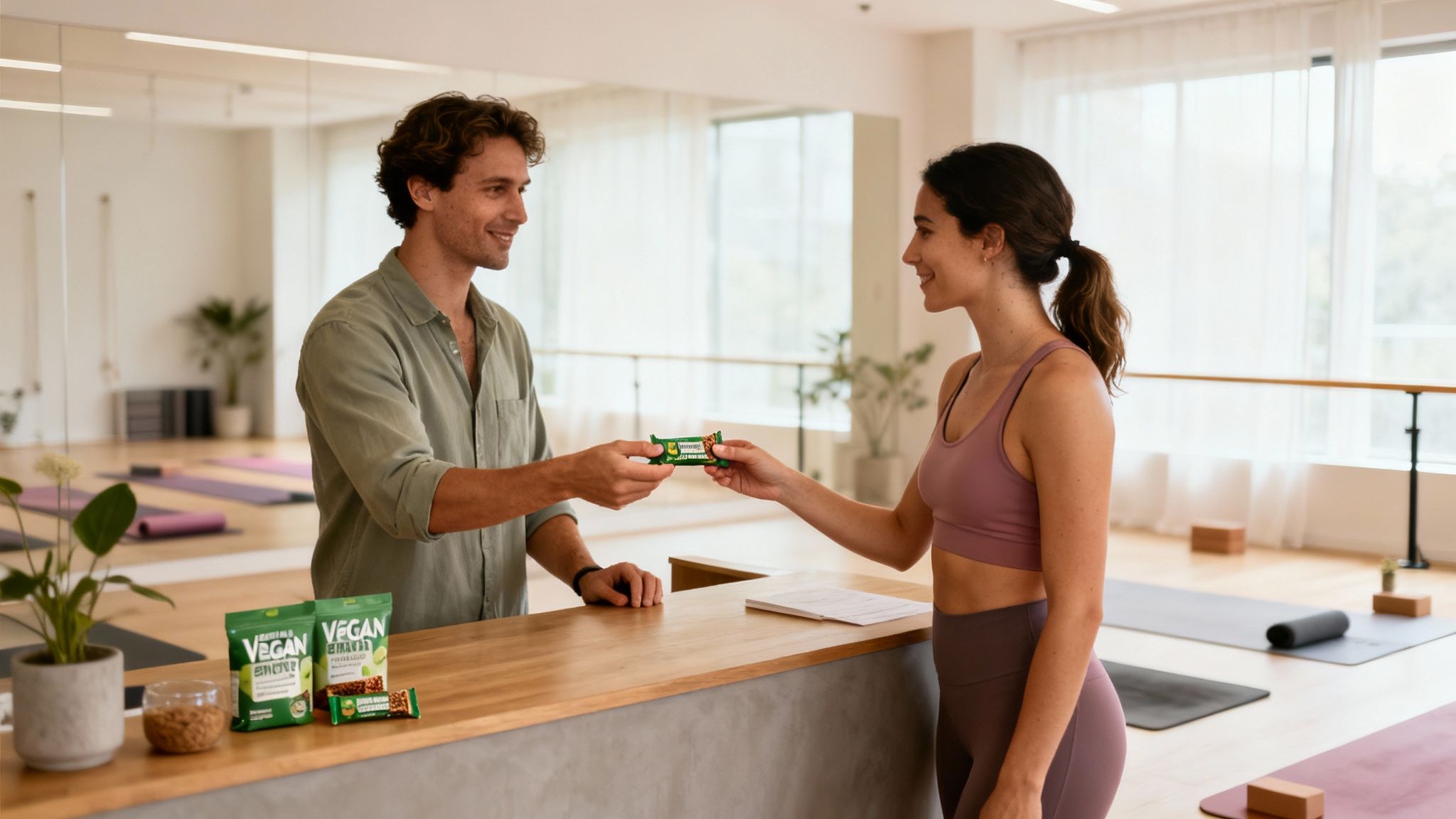 Hombre sonriente entrega una barra de energía vegana a mujer en estudio de yoga, con más productos en mostrador.