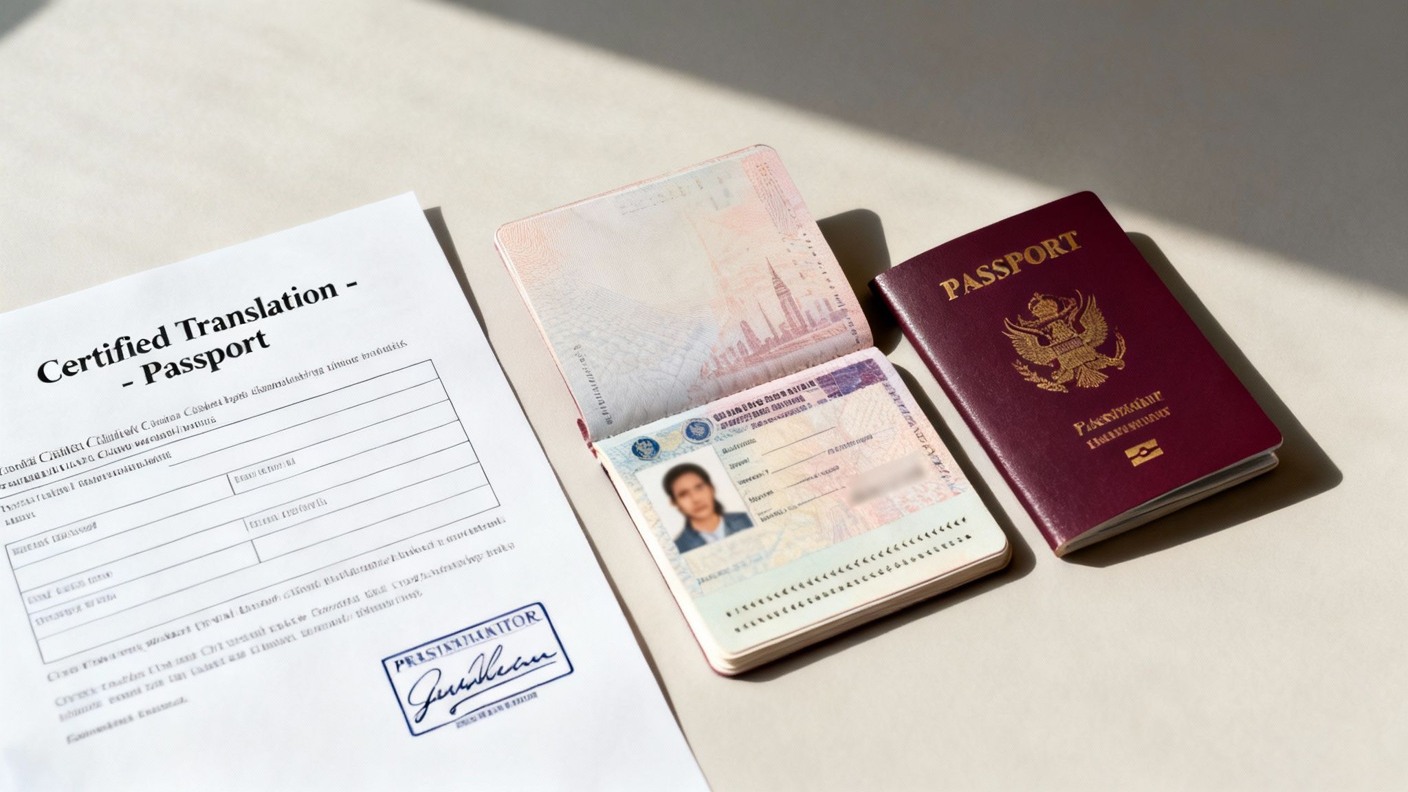 Certified passport translation document next to an open and a closed passport.