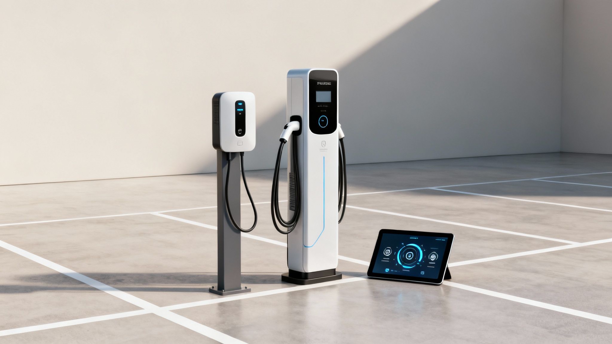 Dos estaciones de carga de vehículos eléctricos con una tablet en un entorno moderno y minimalista.