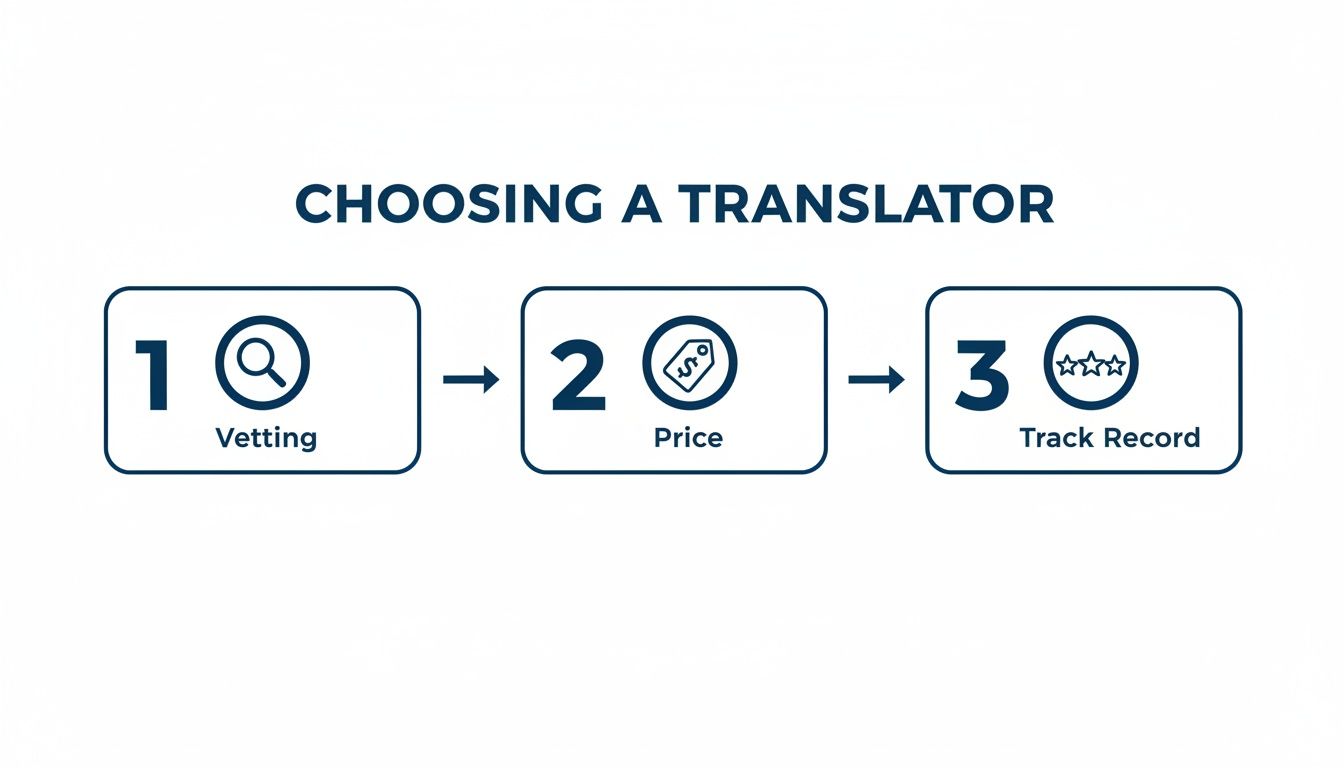 Infographic showing a 3-step process for choosing a translator: vetting, price, and track record.