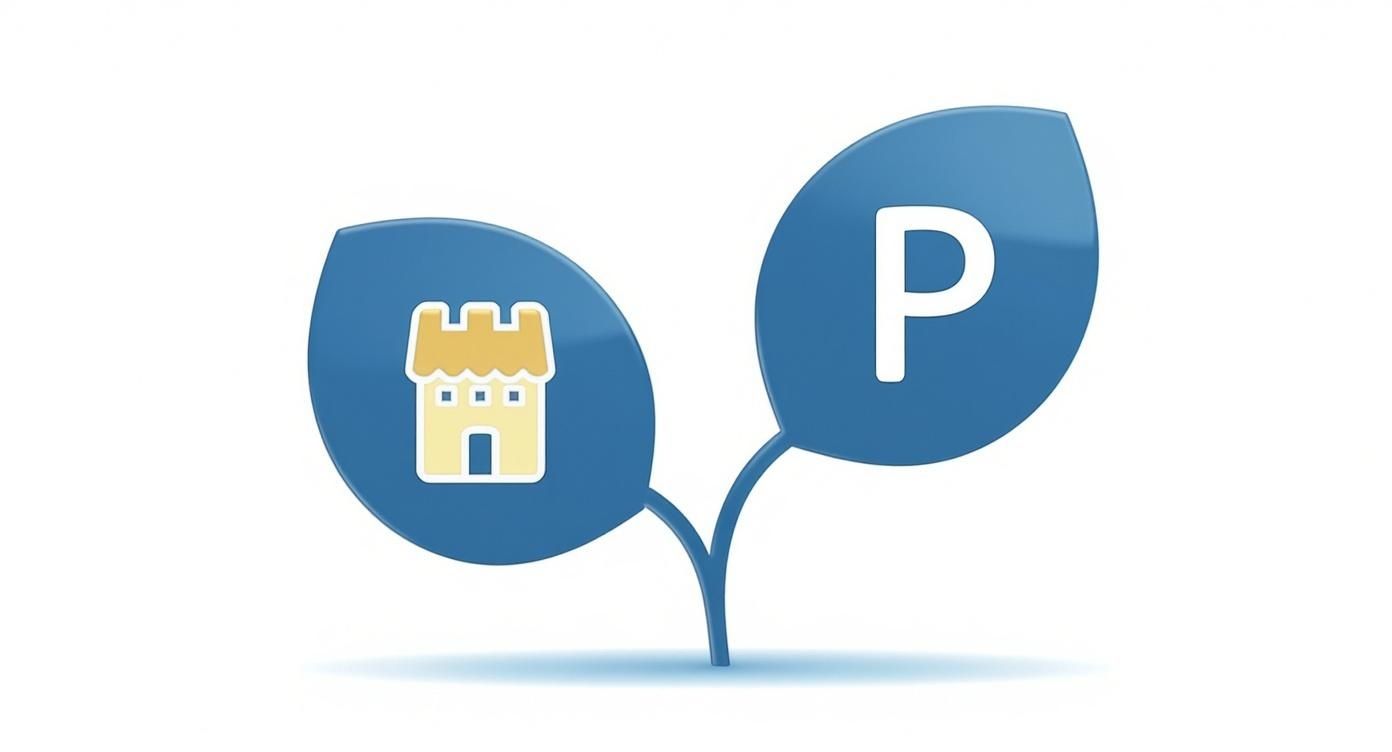 Dos hojas azules en crecimiento con un icono de casa y la letra P, sobre fondo blanco.