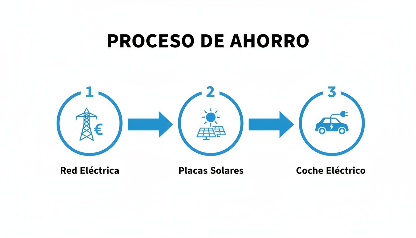 Diagrama que ilustra el proceso de ahorro al cargar un coche eléctrico con energía solar.