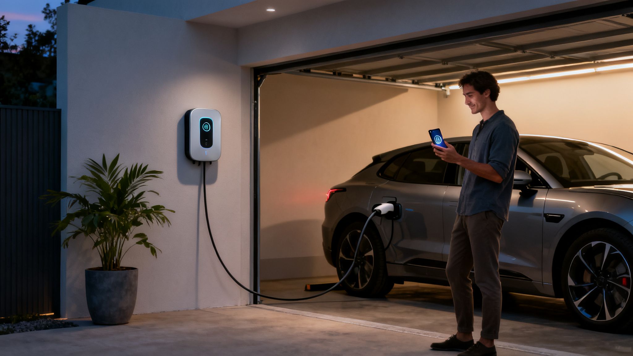 Hombre joven cargando su coche eléctrico en casa con un cargador de pared, mirando su teléfono.