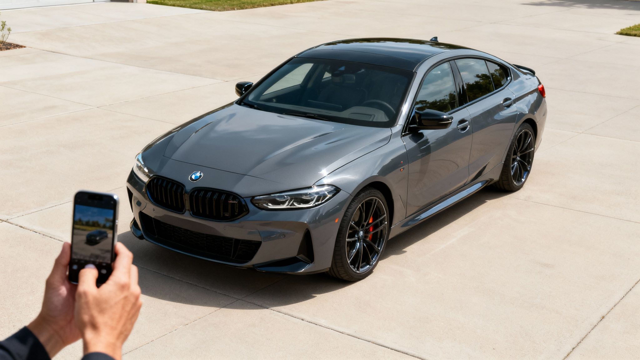 Persona fotografiando un coche BMW gris oscuro en un camino de entrada de hormigón con un teléfono inteligente.