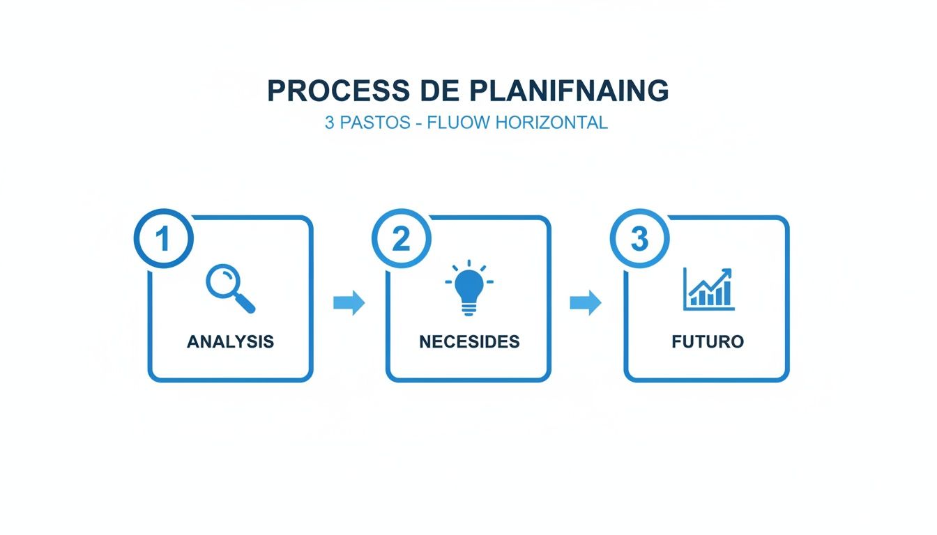 Diagrama de proceso de planificación de tres pasos: análisis, necesidades y futuro, con iconos descriptivos.