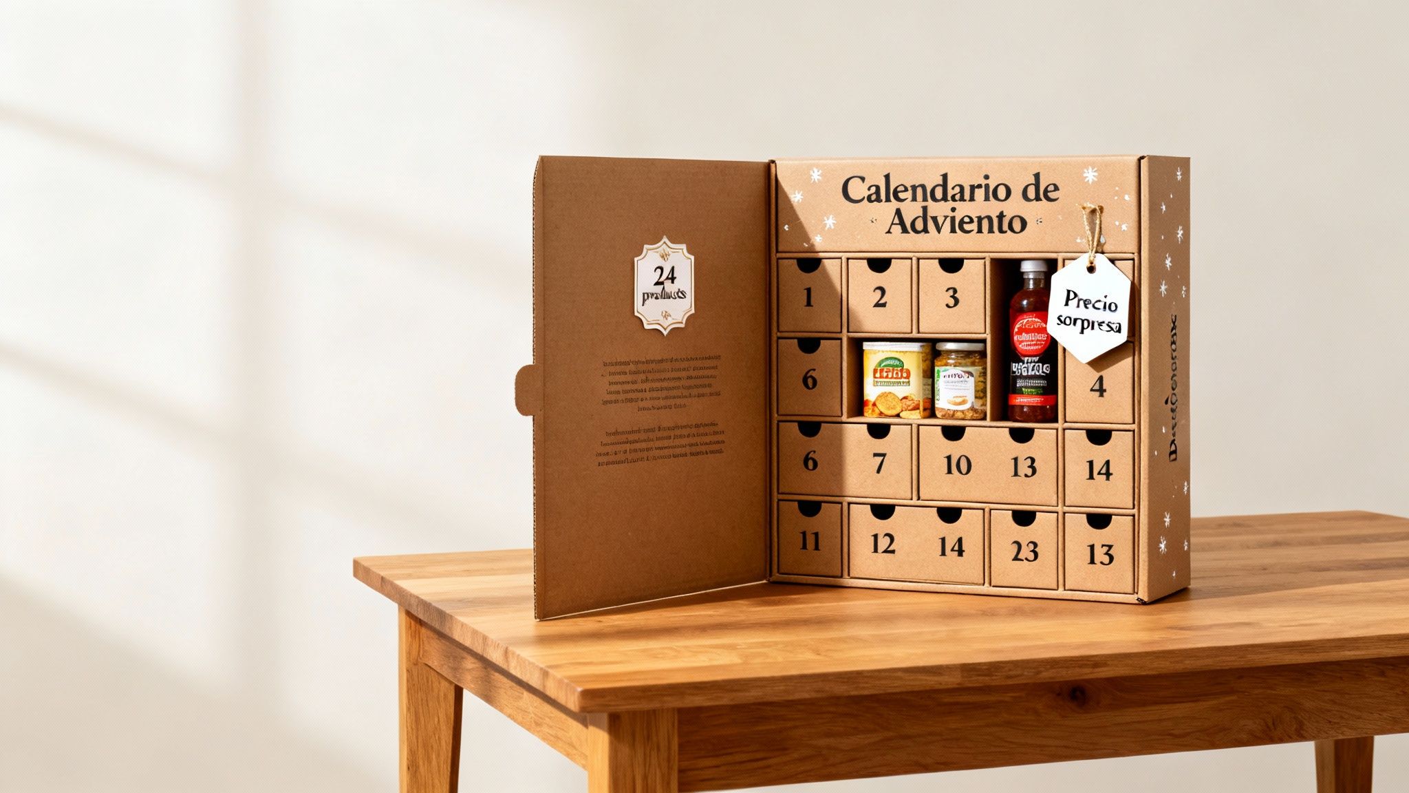 Calendario de Adviento de Degustabox abierto en una mesa de madera, mostrando productos y compartimentos numerados.