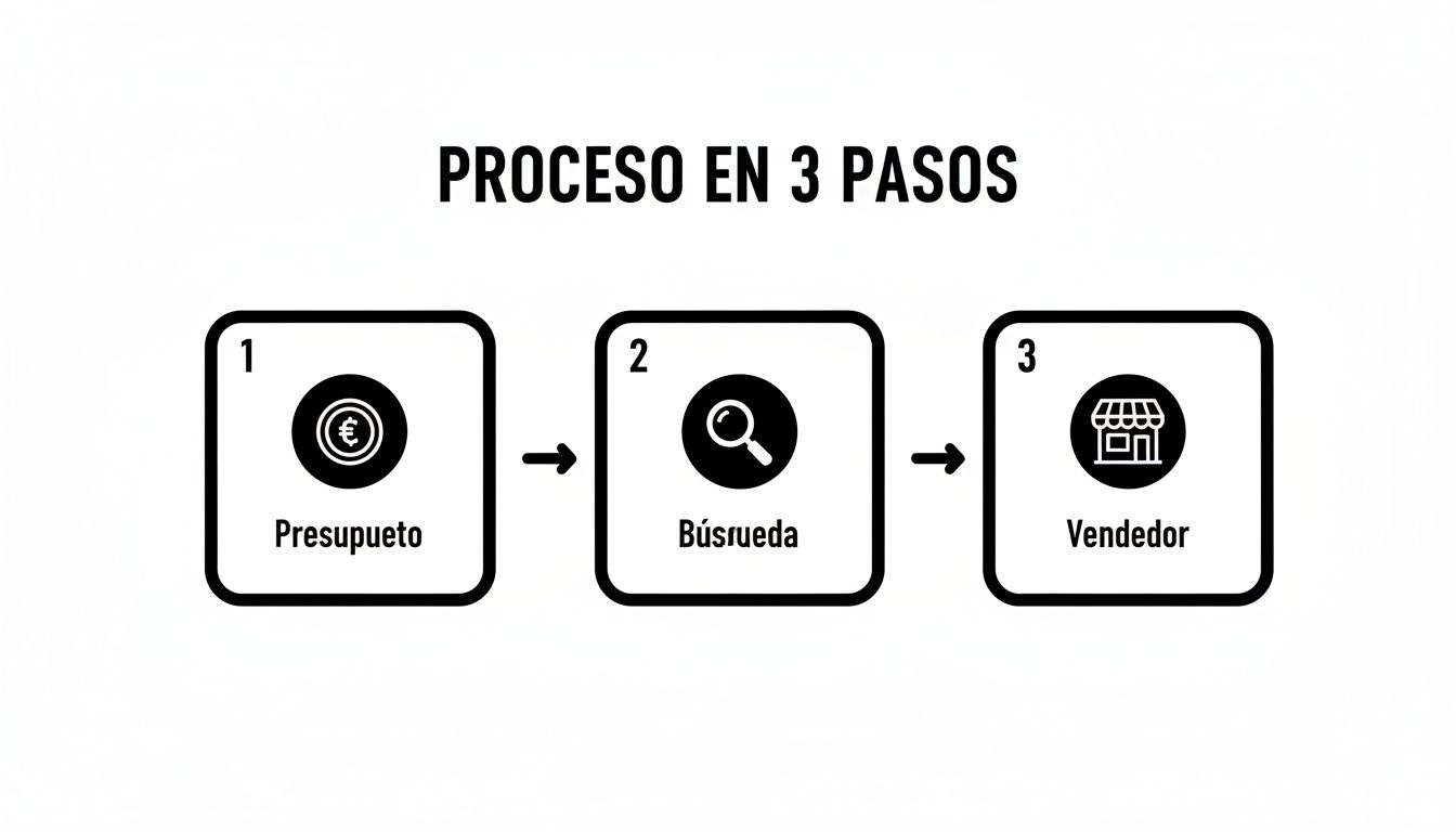 Diagrama de un proceso en 3 pasos: Presupuesto, Búsqueda y Vendedor, con iconos.
