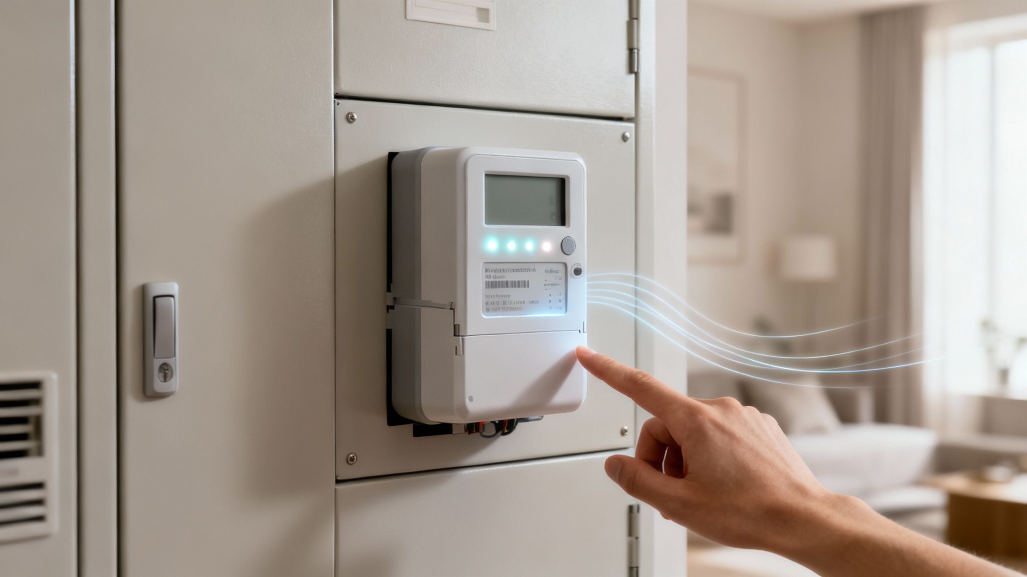 Mano tocando un contador de electricidad inteligente en un panel eléctrico con efectos luminosos, fondo de salón borroso.