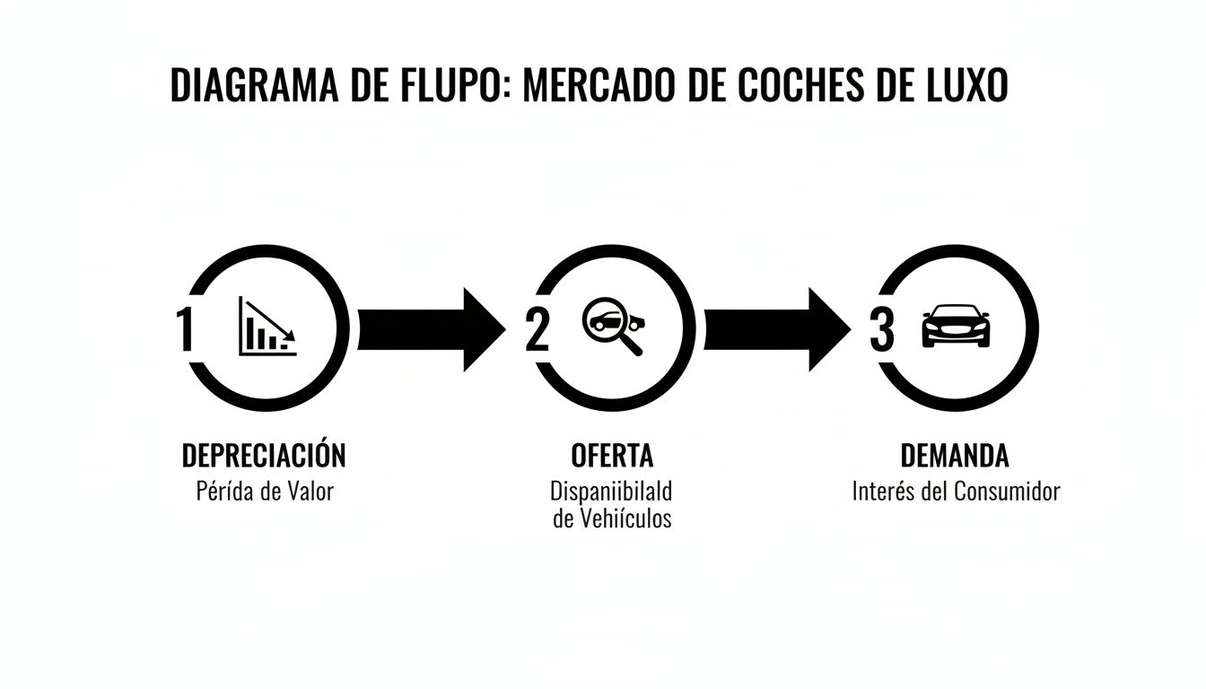 Diagrama de flujo del mercado de coches de lujo mostrando depreciación, oferta y demanda.
