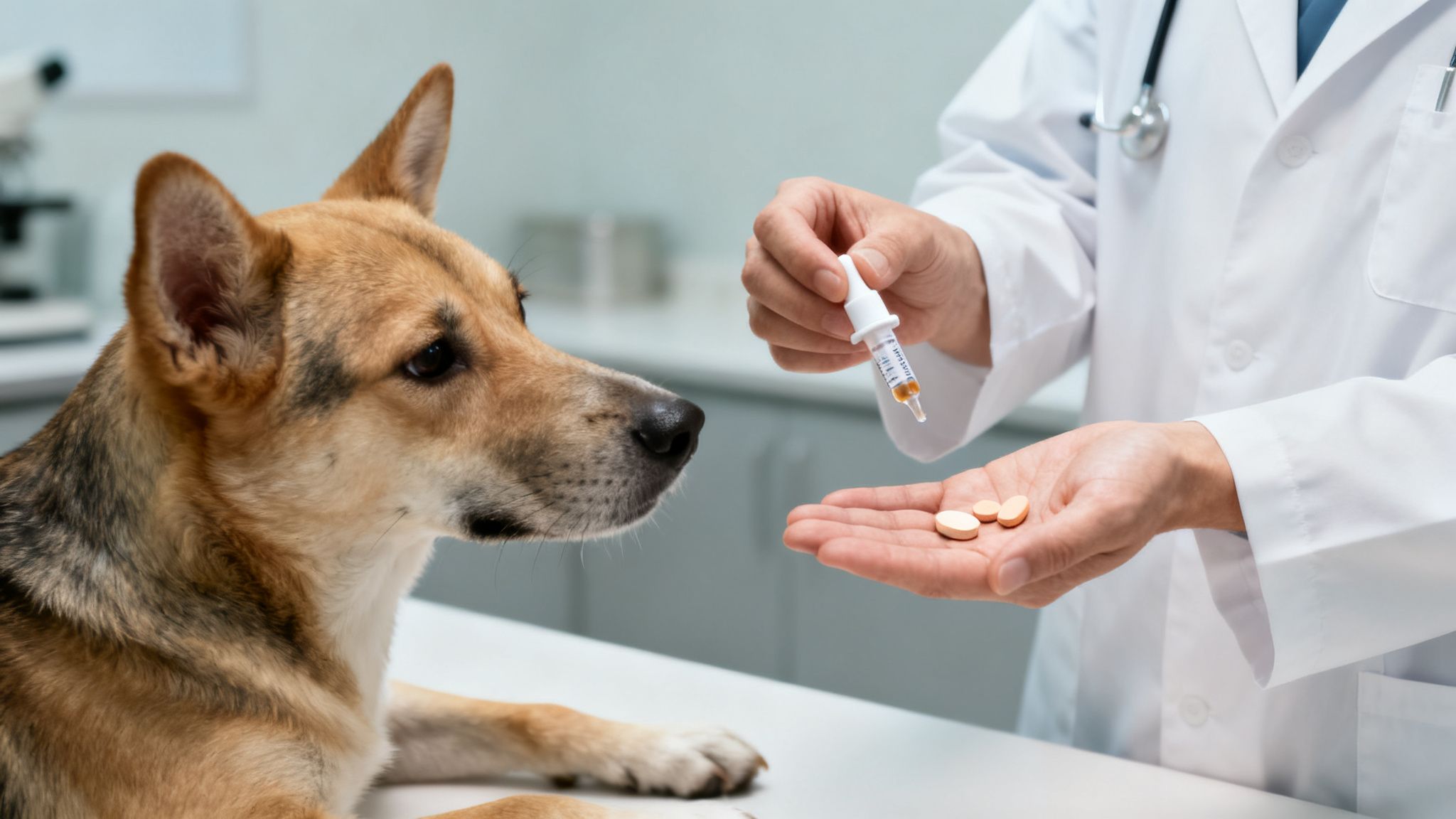 Perro en consulta veterinaria, recibiendo medicamentos del veterinario para su tratamiento de sarna.
