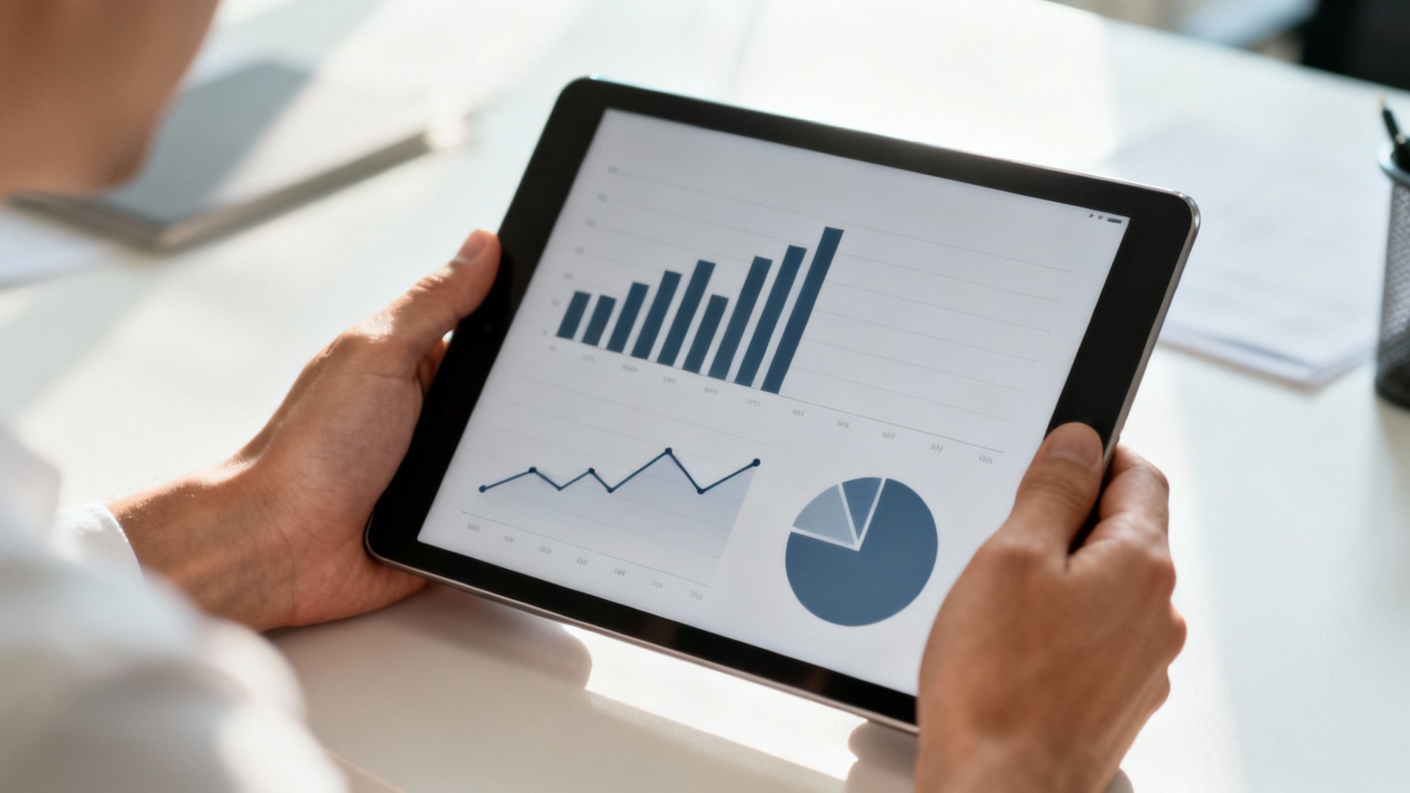 Persona sosteniendo una tablet con gráficos de barras, líneas y circular, analizando datos empresariales.