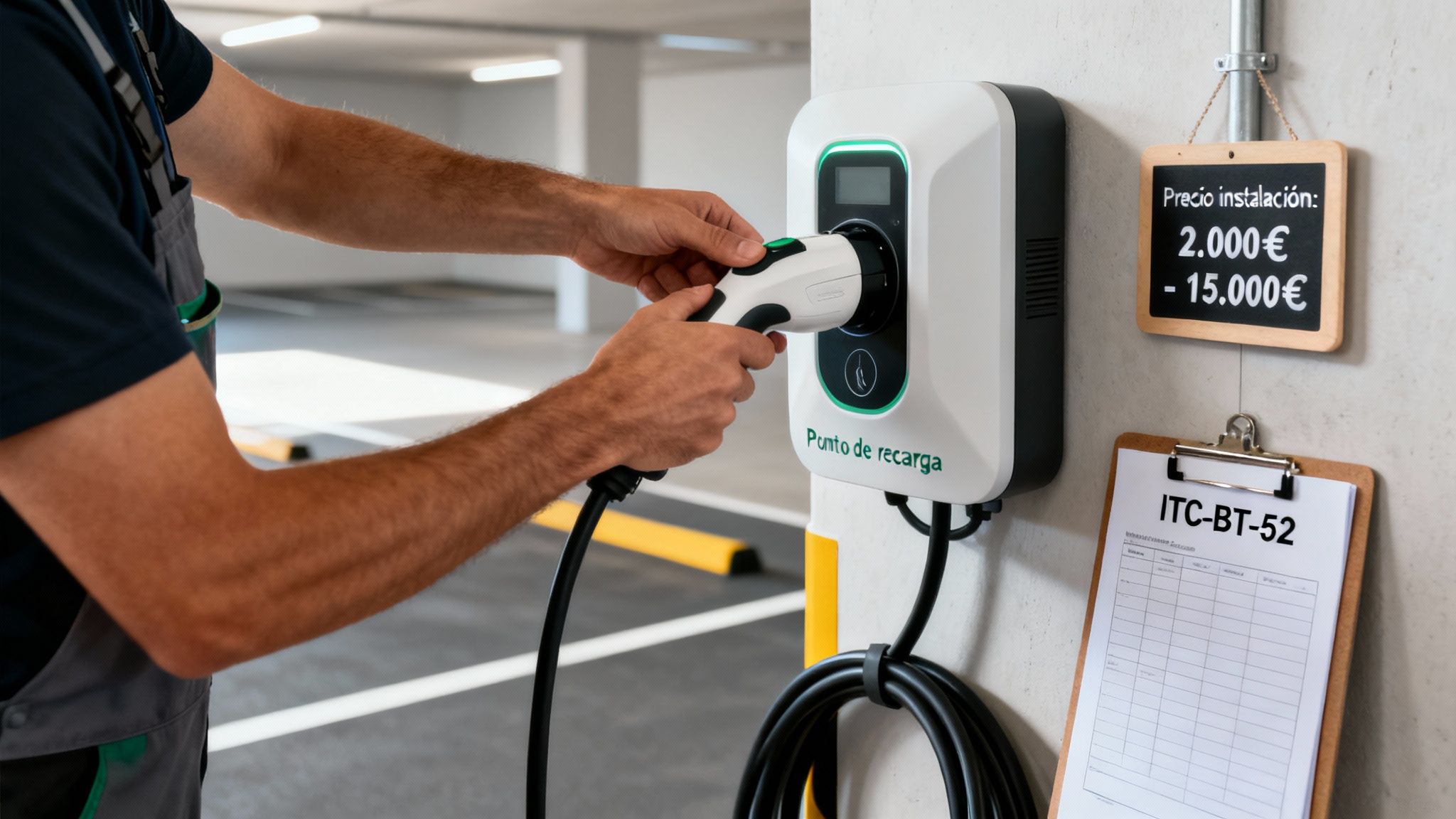 Hombre conectando un cargador de coche eléctrico en un garaje, con información sobre precios de instalación y normativa.