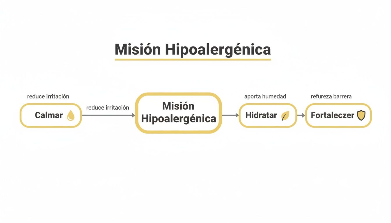 Diagrama de flujo: Misión Hipoalergénica, detallando pasos para calmar, hidratar y fortalecer la piel.