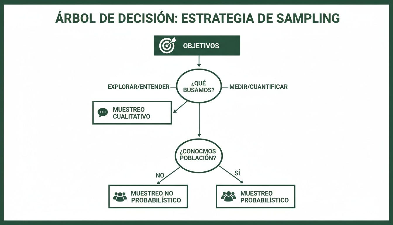 Diagrama de flujo que muestra un árbol de decisión para la estrategia de sampling, diferenciando entre muestreo cualitativo, no probabilístico y probabilístico.