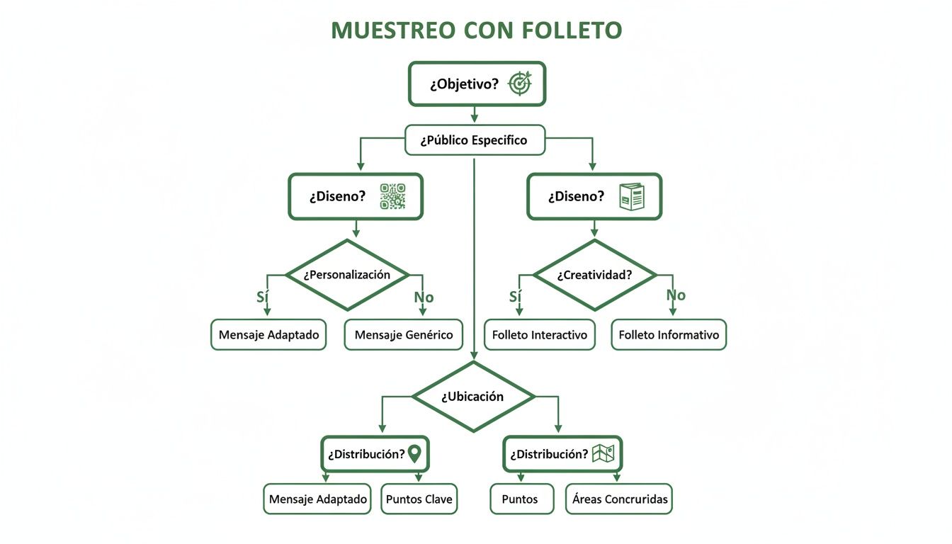 Diagrama de flujo detallando el proceso de muestreo con folletos, desde el objetivo hasta la distribución.