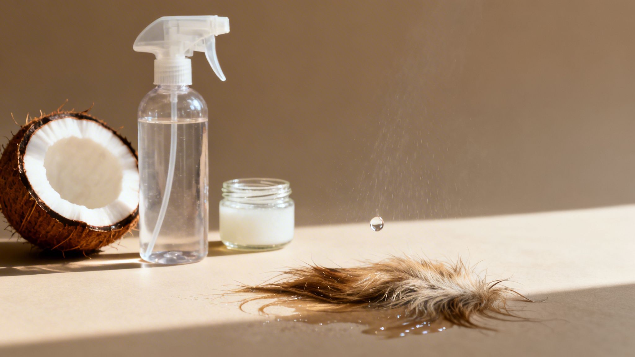 Coco, botella pulverizadora y crema natural para desenredar el pelo, con gotas de agua cayendo.