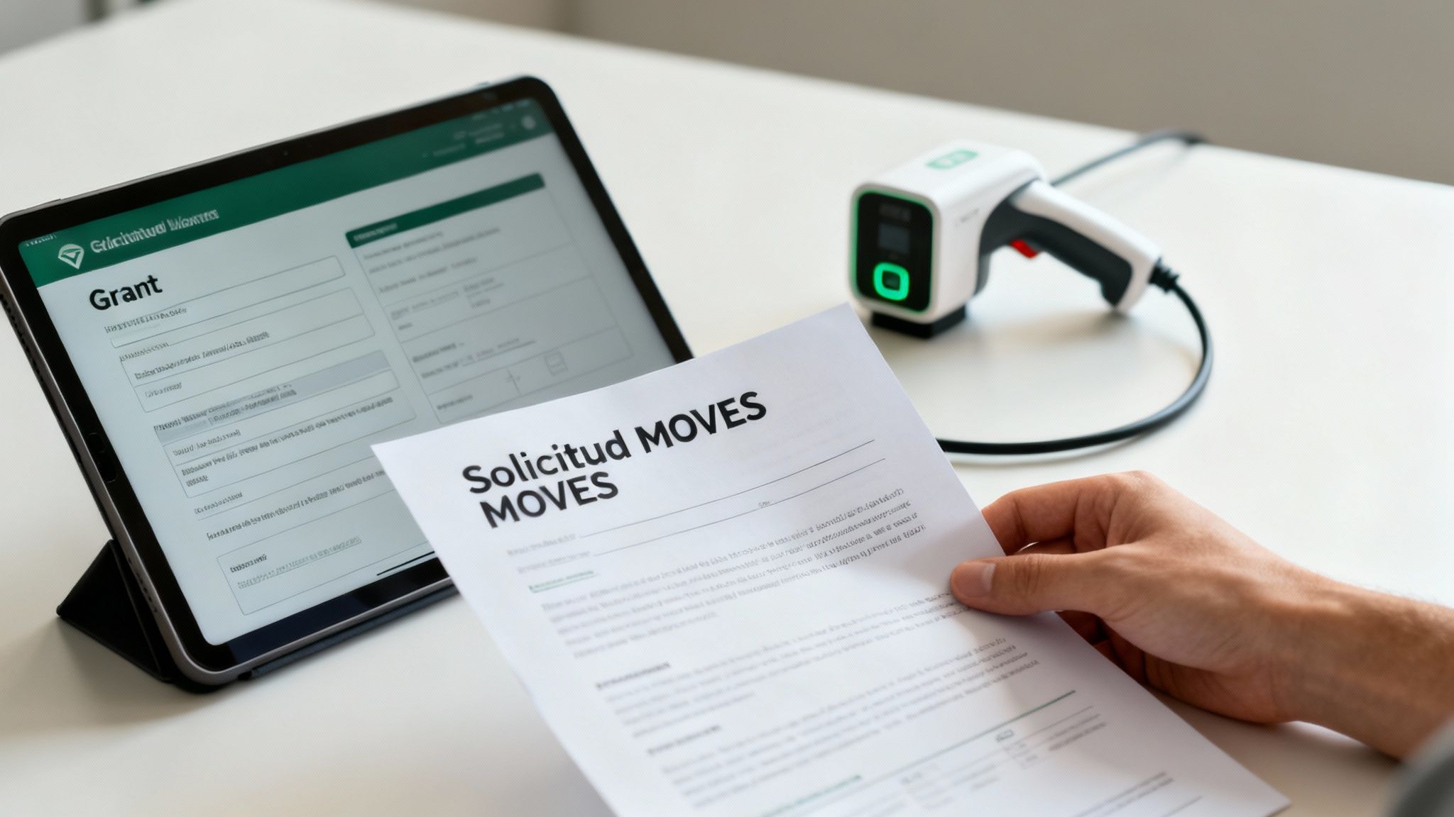 Persona revisando una solicitud MOVES en papel, con una tablet mostrando un formulario de subvención y un cargador EV.