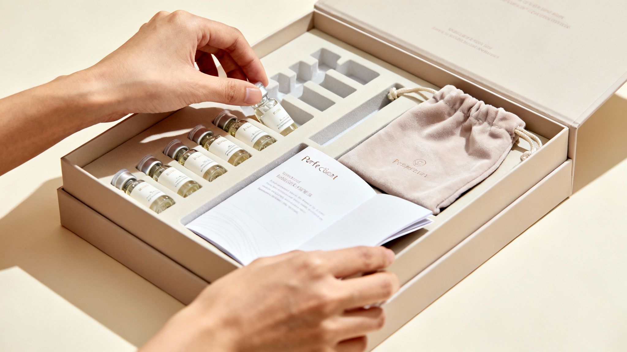 Una persona abriendo una elegante caja de regalo con viales de esencia, un manual y una bolsa. 