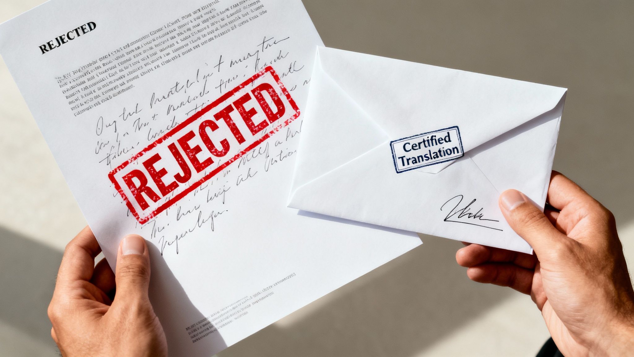 A person holds a rejected document and an envelope labeled 'Certified Translation', symbolizing immigration struggles.