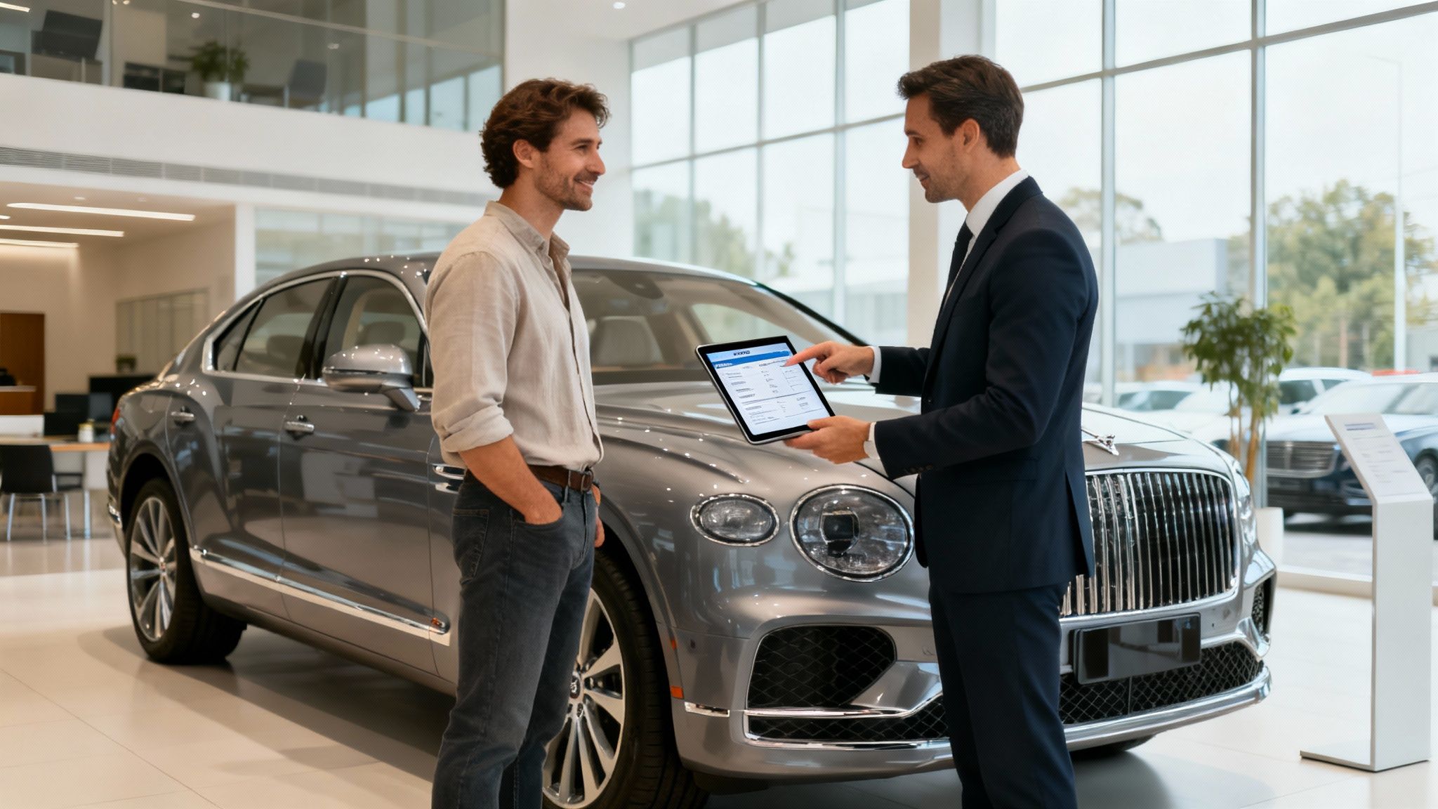 Vendedor de coches en un concesionario mostrando información en una tablet a un cliente junto a un coche de lujo gris.