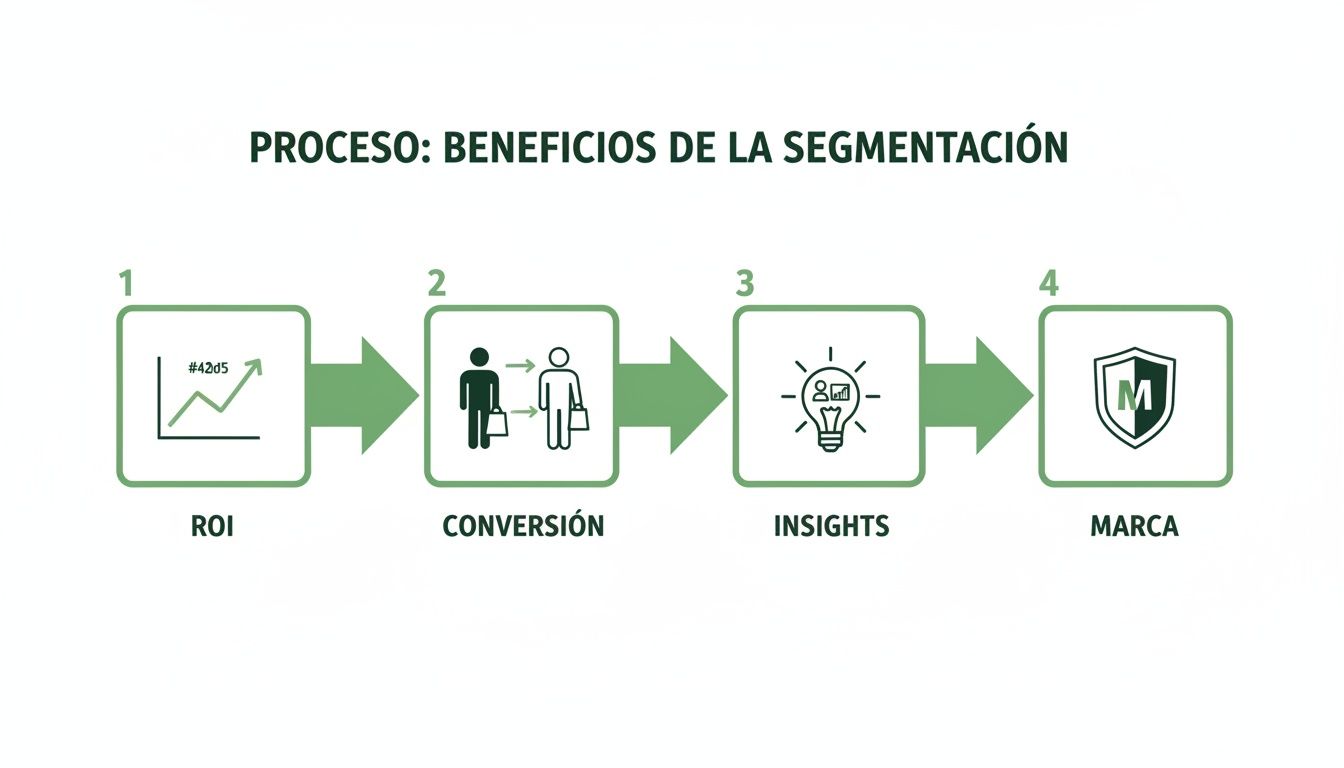 Proceso visual con cuatro pasos que describe los beneficios de la segmentación: ROI, conversión, insights y marca.