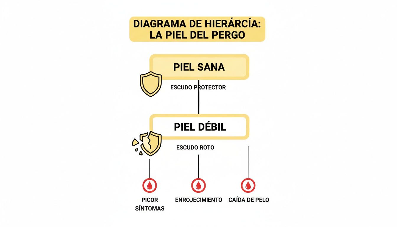 Diagrama que muestra la piel sana como escudo protector y la piel débil con síntomas como picor y caída del cabello.
