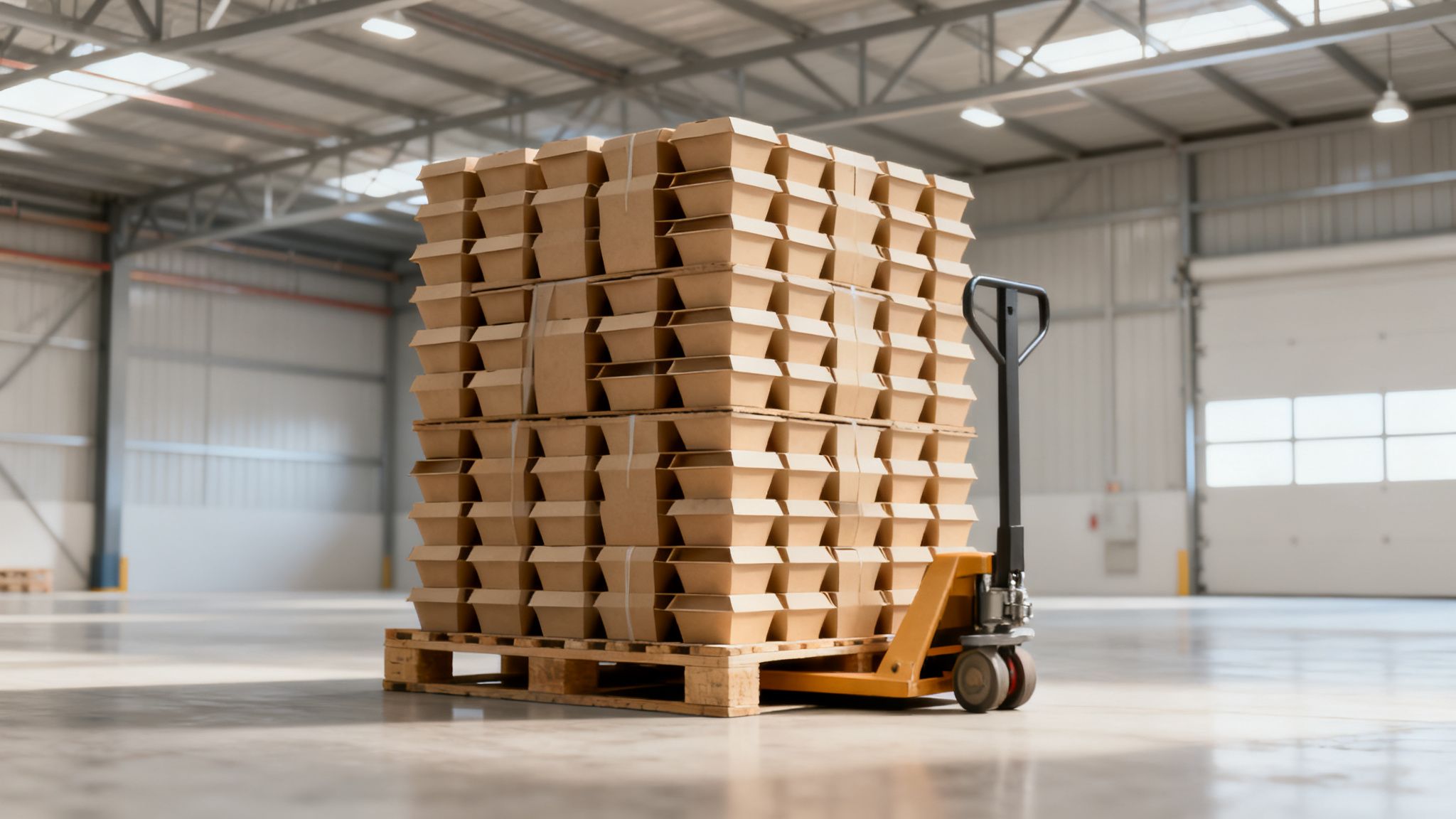 Cajas de comida para llevar apiladas en un palé con una transpaleta en un almacén vacío.