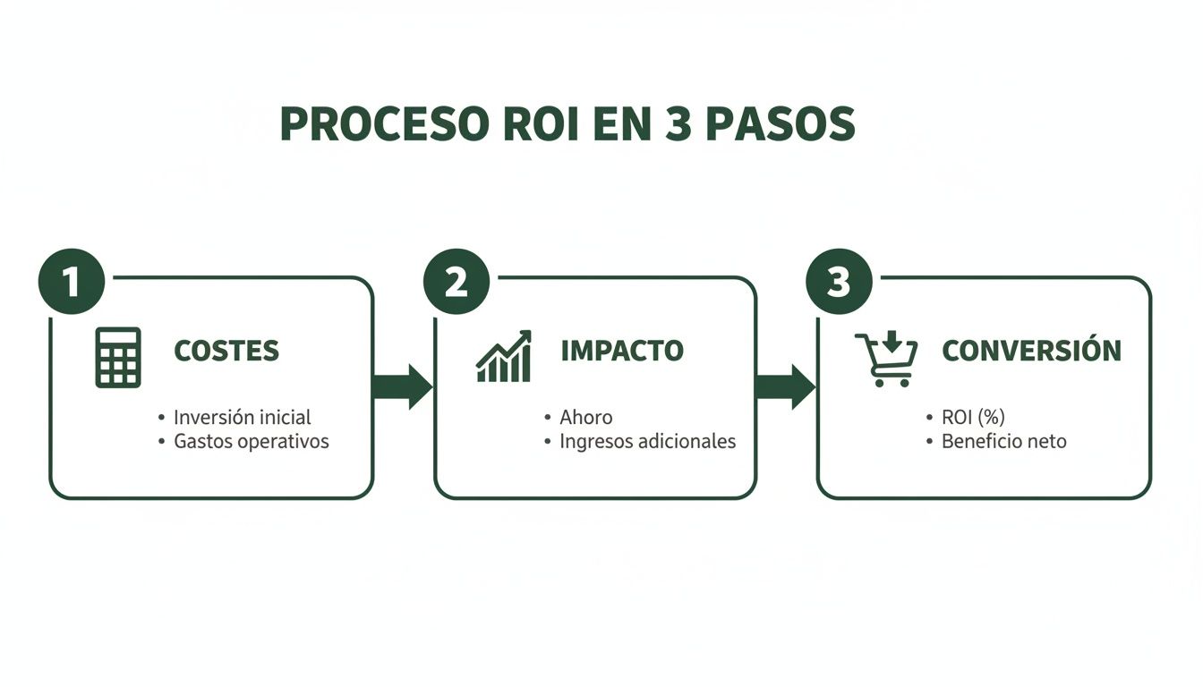 Infografía que explica el proceso de cálculo del ROI en tres pasos: costes, impacto y conversión.