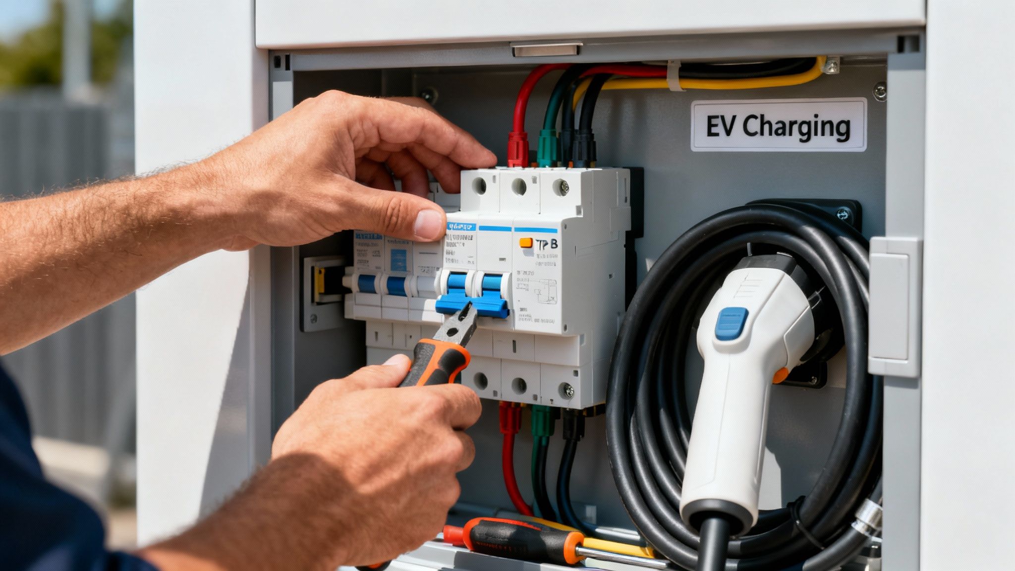 Manos de técnico conectando interruptores en caja eléctrica de carga para vehículos eléctricos con herramientas.