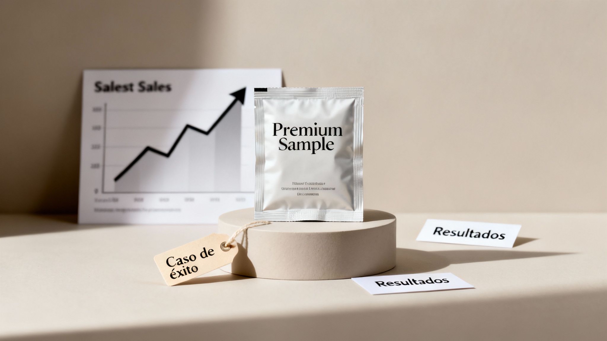Muestra premium, gráfico de ventas ascendente, y etiquetas 'Caso de éxito' y 'Resultados' en un entorno de oficina.