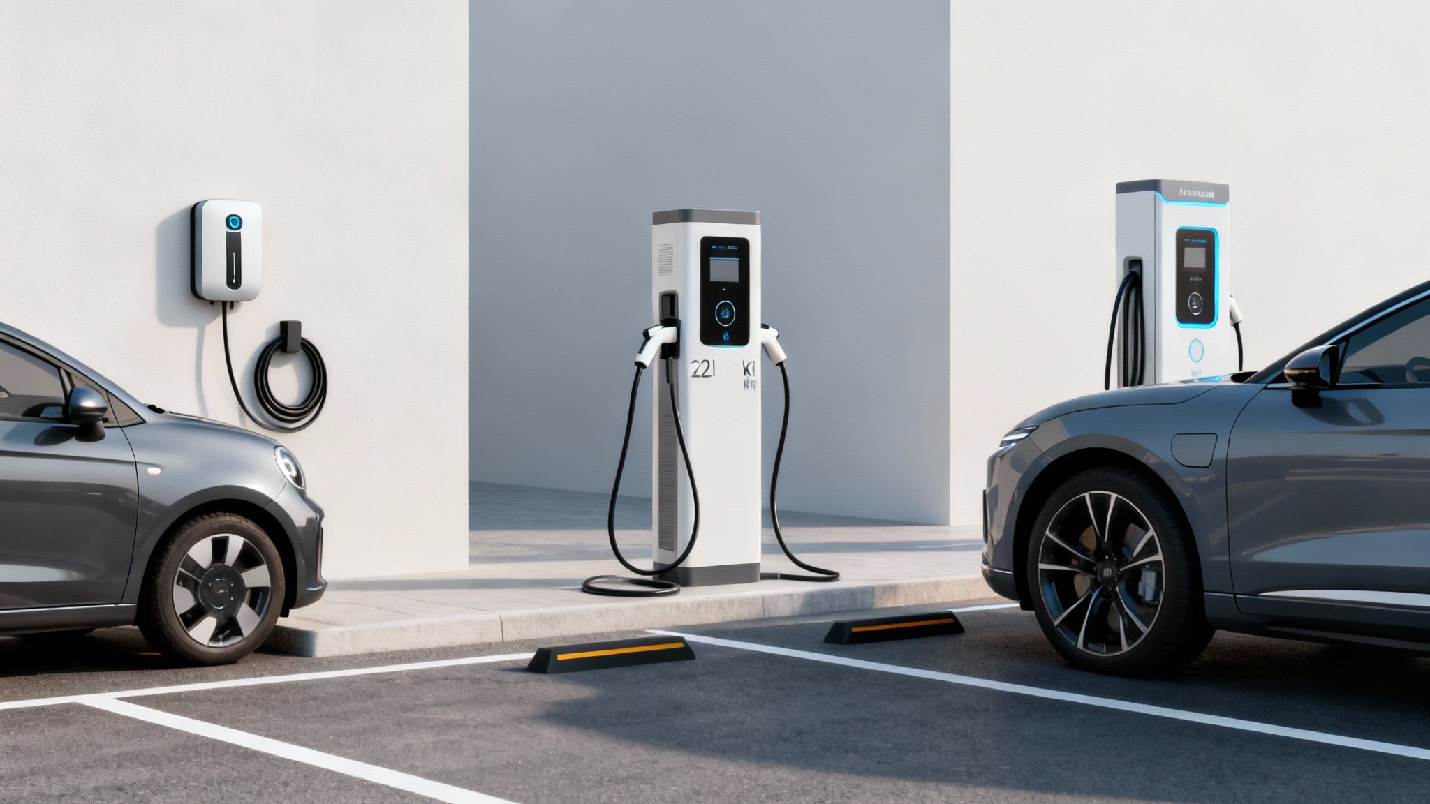 Dos coches eléctricos grises cargándose en una estación moderna con un cargador de pared y un poste de carga.