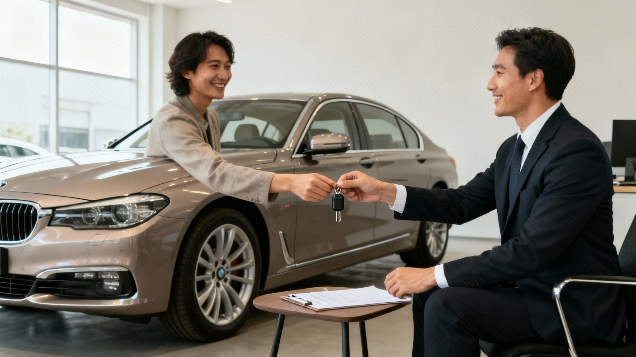 Hombre sonriente recibe las llaves de un coche BMW de un vendedor en concesionario.