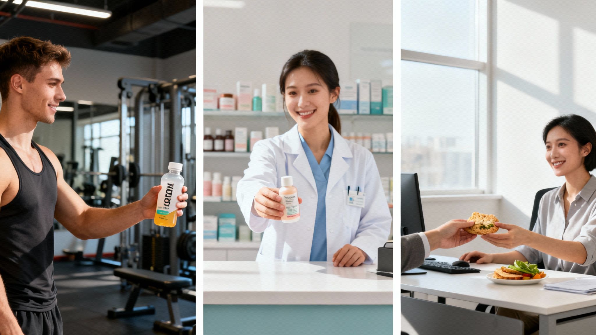 Tres escenas mostrando a personas recibiendo productos: bebida deportiva, medicina y comida en diferentes entornos.