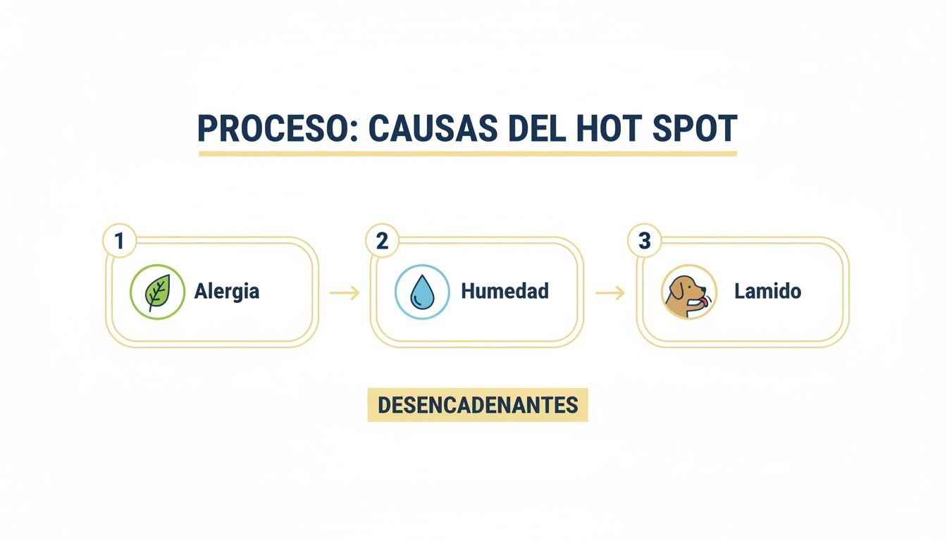 Proceso que ilustra las causas de los hot spots: alergia, humedad y lamido del perro.