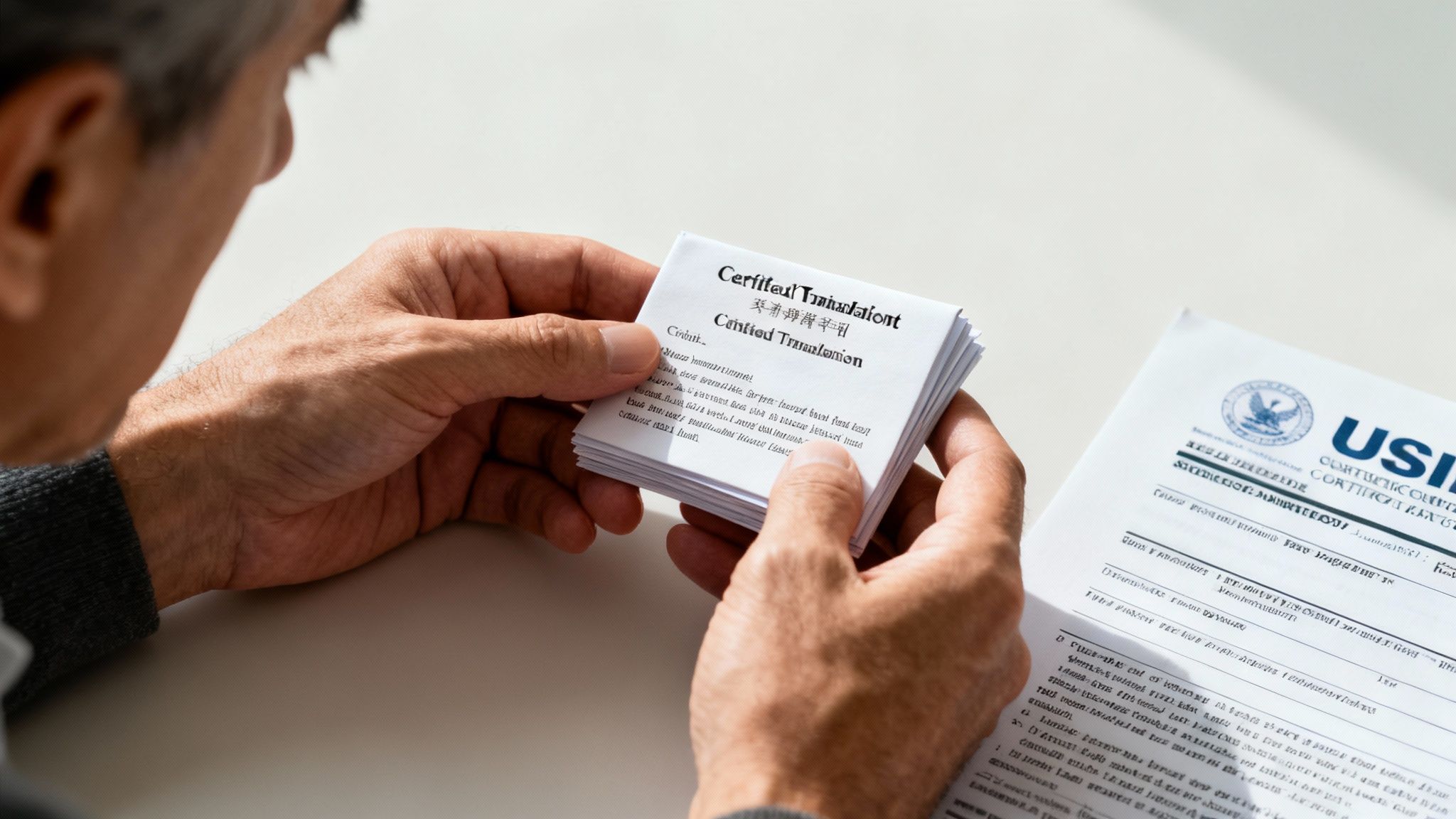 Hands reviewing a certified translation booklet and USCIS immigration documents on a white table.
