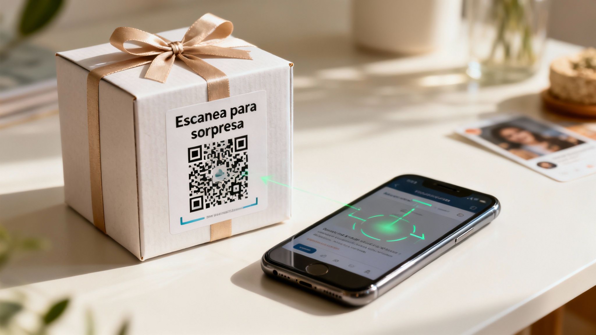 Caja de regalo blanca con lazo dorado y código QR siendo escaneado por un smartphone, revelando una sorpresa.
