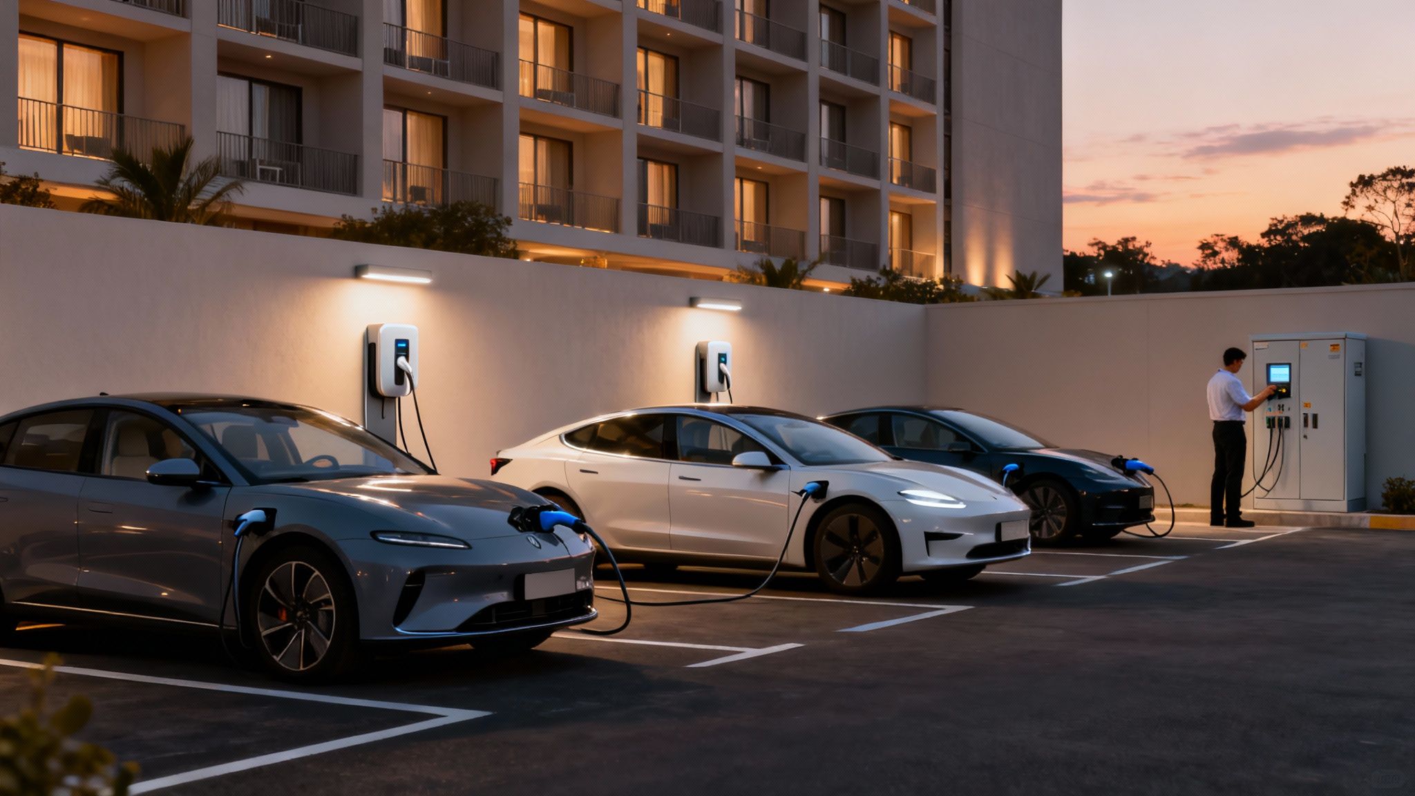 Coches eléctricos cargándose en una estación de carga al atestecer, con un hombre operando el panel.