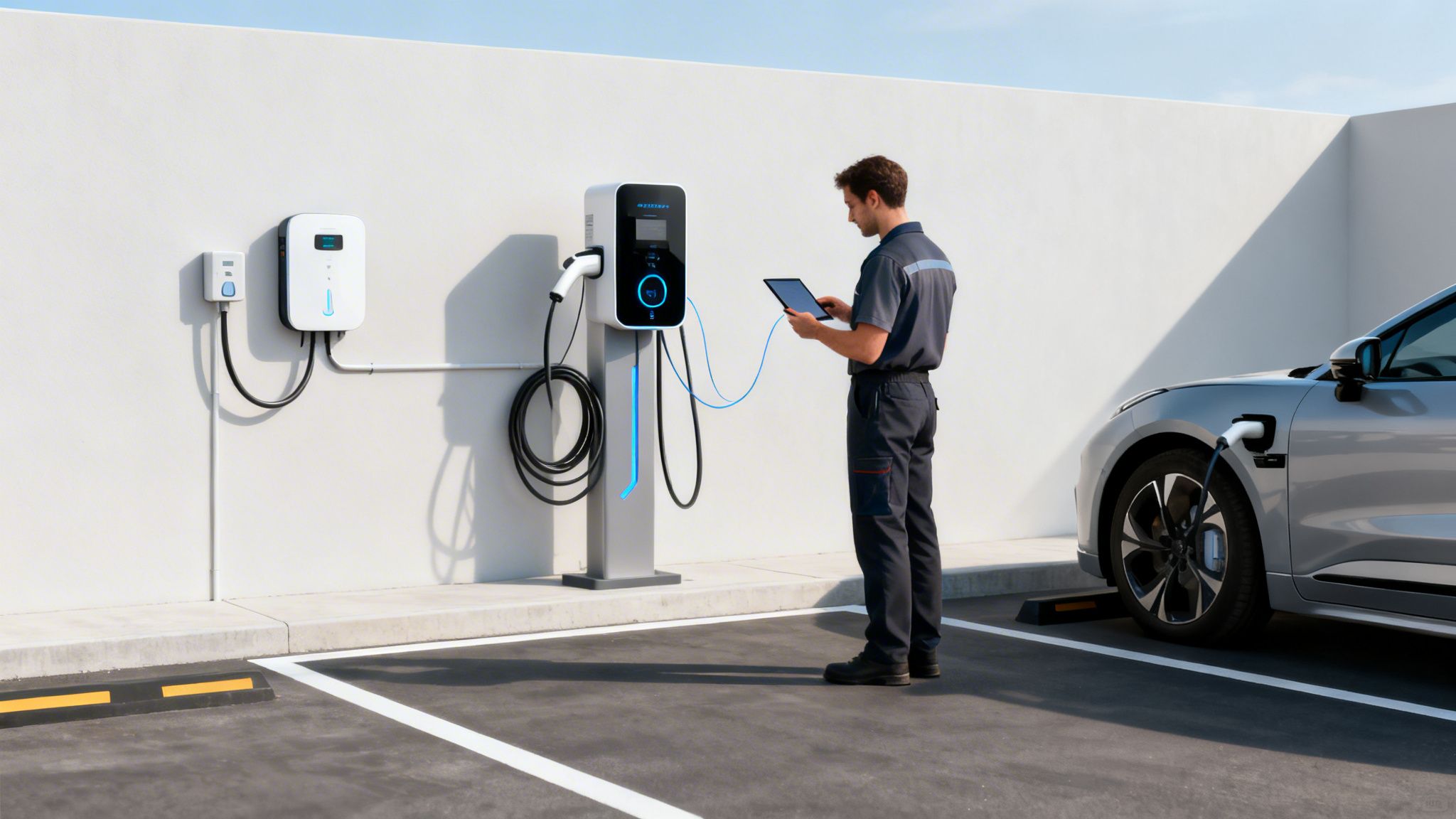 Hombre técnico con tablet supervisa la carga de un coche eléctrico en una estación de carga moderna junto a una pared blanca.