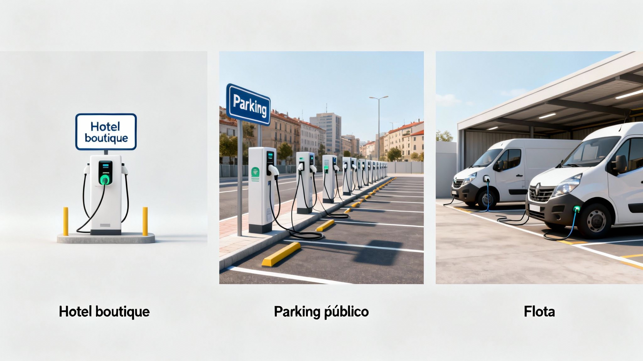 Tres escenas de carga de vehículos eléctricos: un hotel boutique, un parking público con cargadores y una flota de furgonetas.