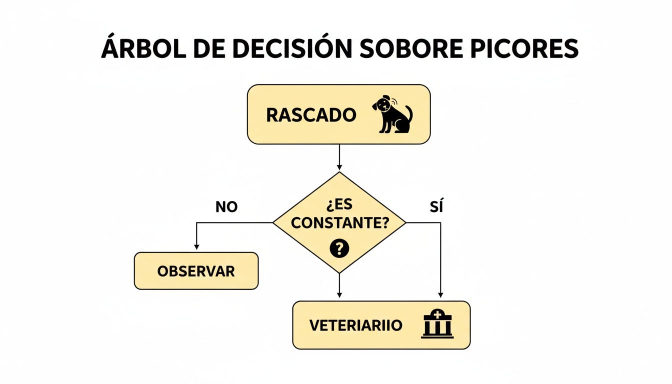 Diagrama de flujo simple para perros con picazón, preguntando si el rascado es constante para decidir observar o ir al veterinario.
