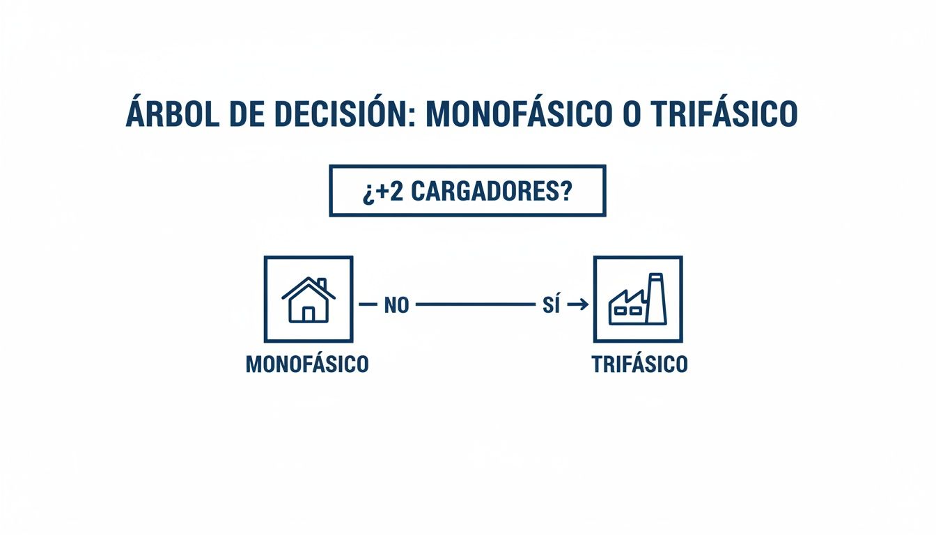 Diagrama de decisión para elegir entre instalación eléctrica monofásica o trifásica, basado en la necesidad de más de dos cargadores.