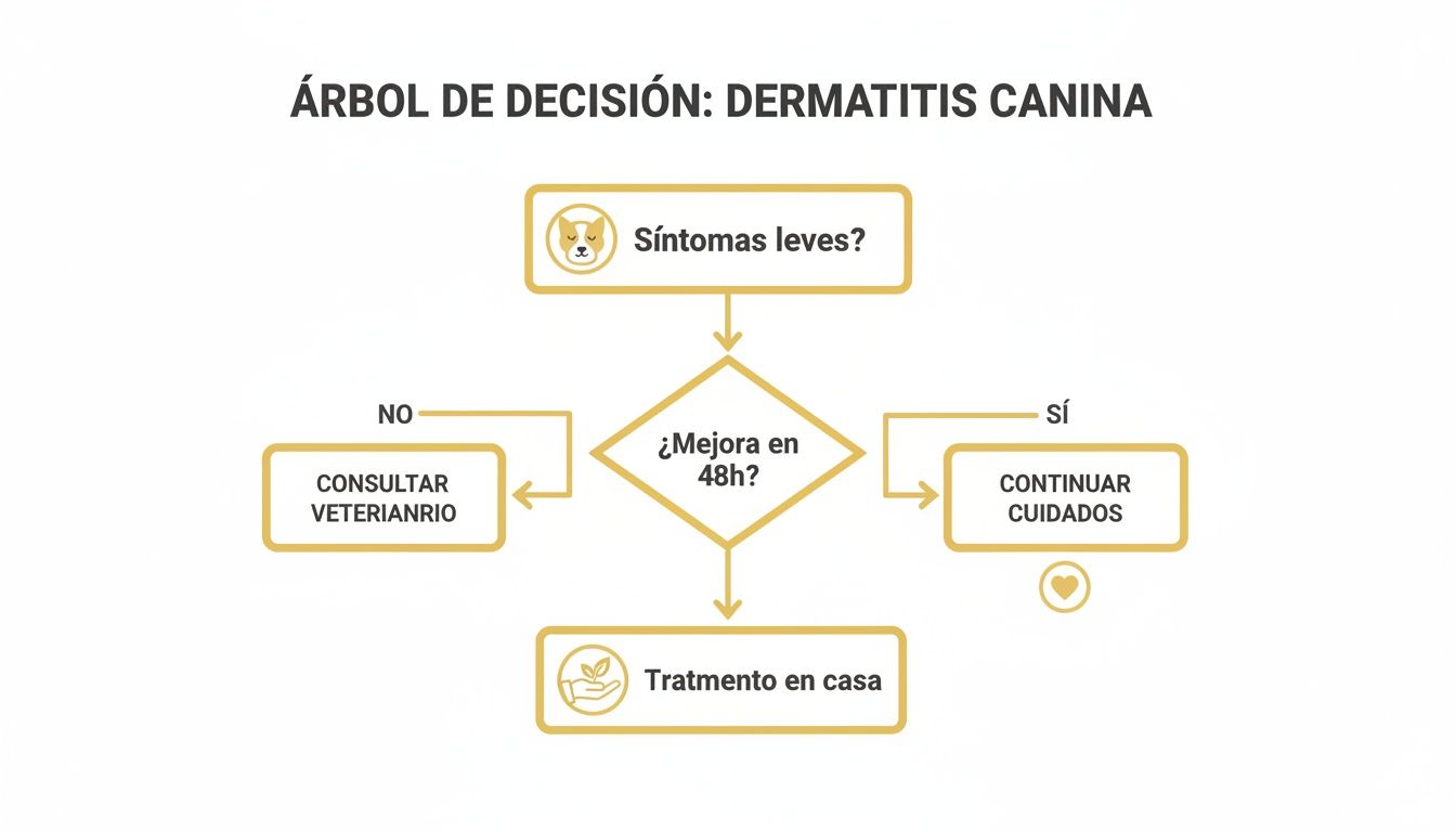 Árbol de decisión para el manejo de dermatitis canina, evaluando síntomas y tiempo de mejora.