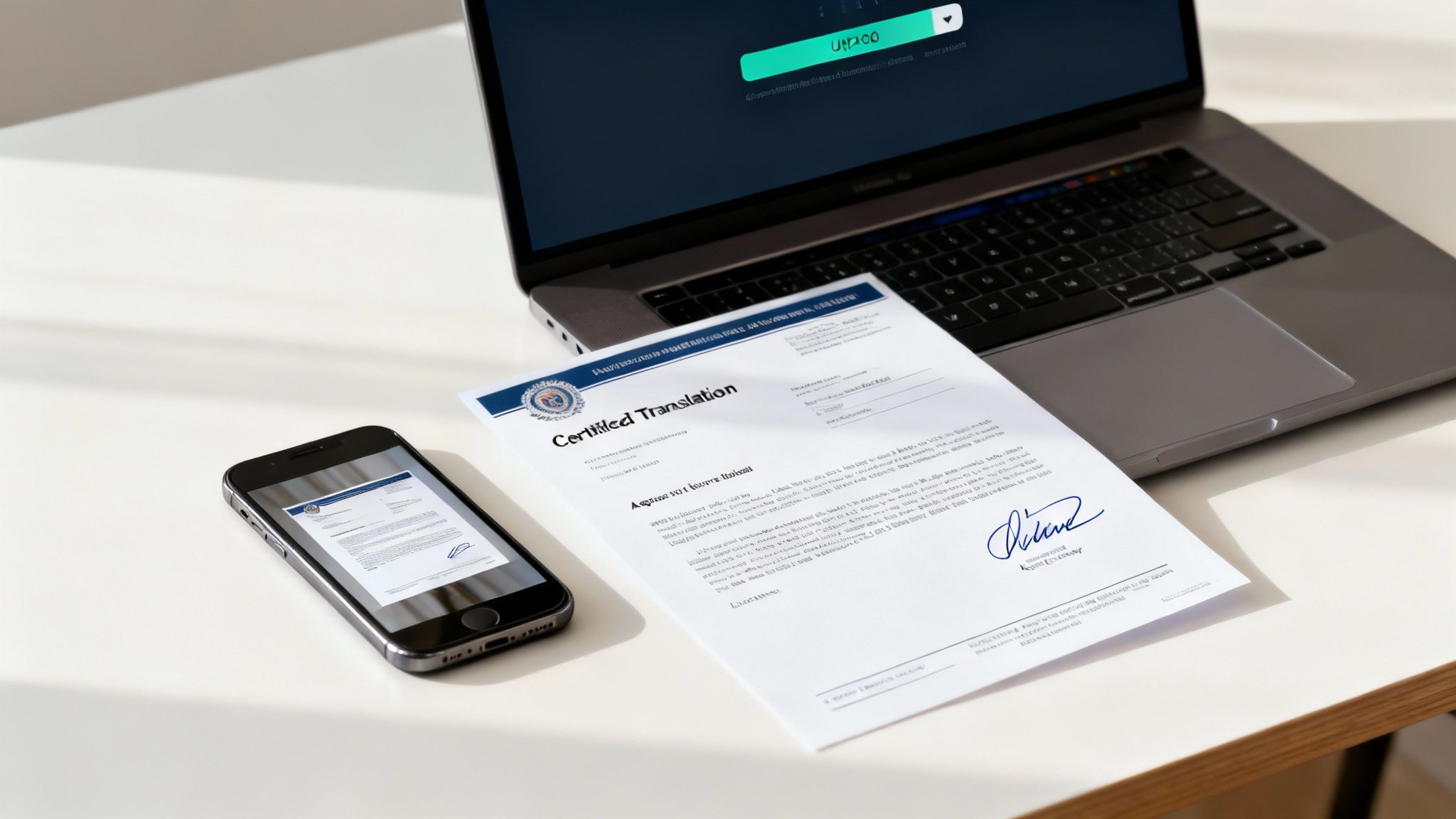 A desk with a laptop, smartphone displaying a document, and a 'Certified Translation' paper.