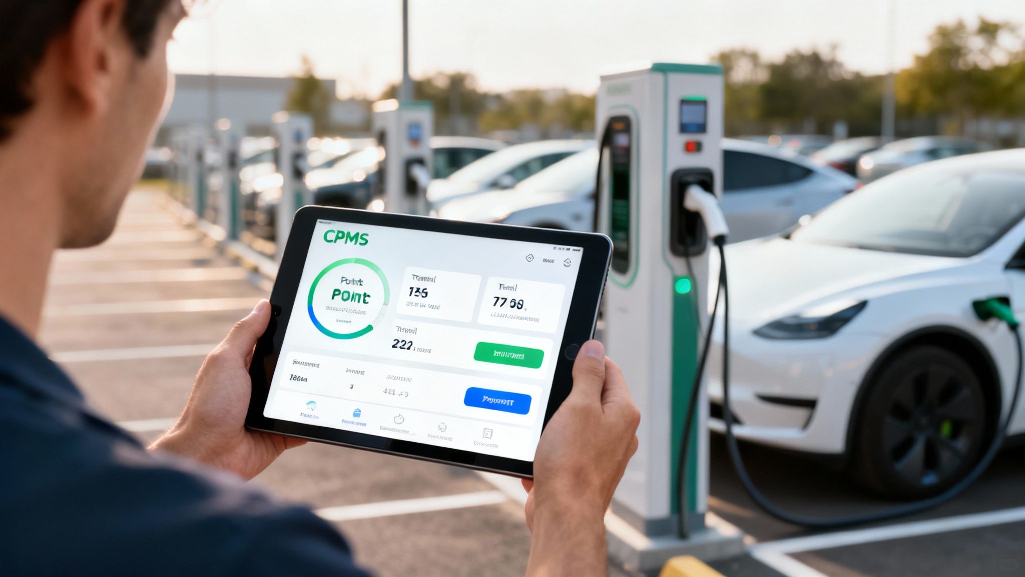 Persona usando una tablet para monitorear la carga de vehículos eléctricos en una estación con varios cargadores y coches.